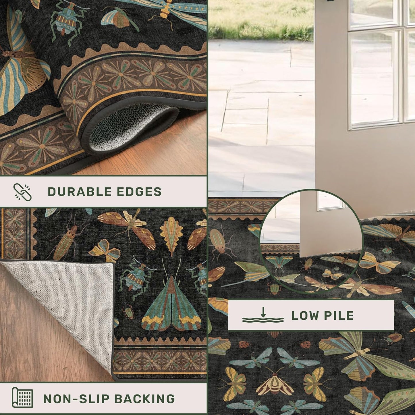 Large Black Rug for Living Room - Area Rugs 9x12 Dining Room Table, Large Bedroom Under Bed, Unique Insect Bug Home Décor, Foldable Soft Stain Resistant