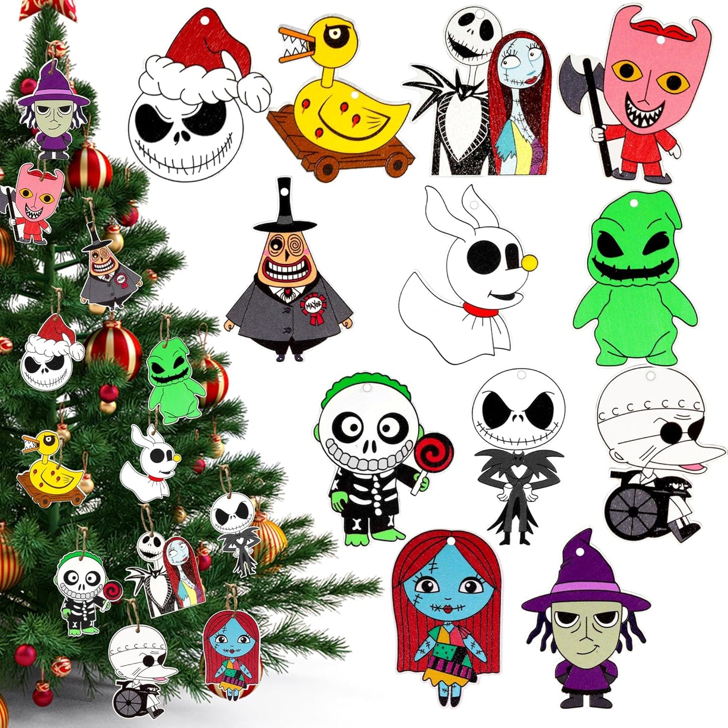 36 PCS Halloween Christmas Night-mare Ornaments Decorations, Halloween Christmas Wooden Hanging Ornaments Set, Night-mare Theme Ornaments for Tree Home Indoor Party Decor