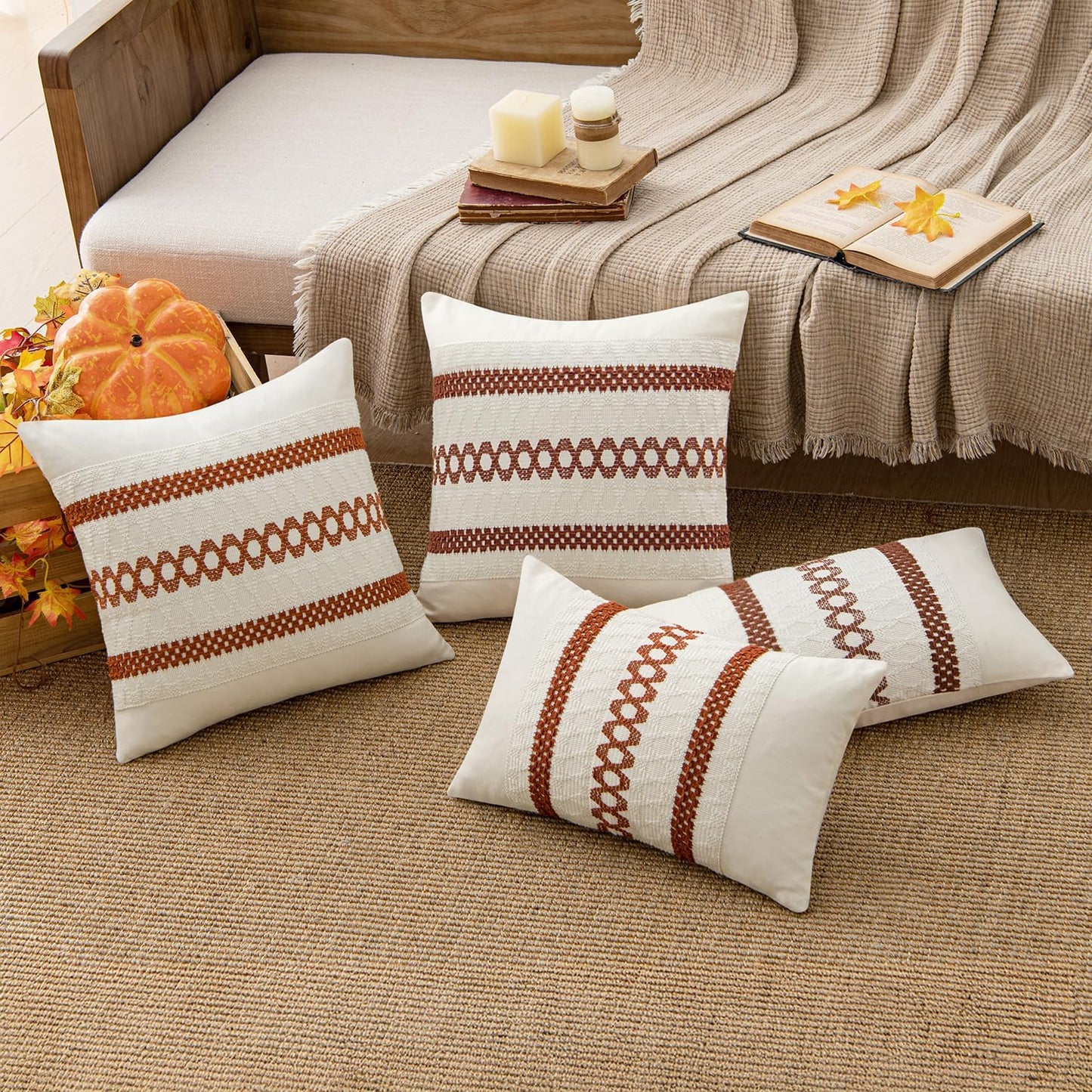 MIULEE Set of 2 Rust Fall Decorative Pillow Covers 18x18 Inch Farmhouse Rustic Boho Couch Throw Pillows Modern Cotton Cushion Covers Retro Cute Macrame Woven Home Decor for Bed Sofa Chair