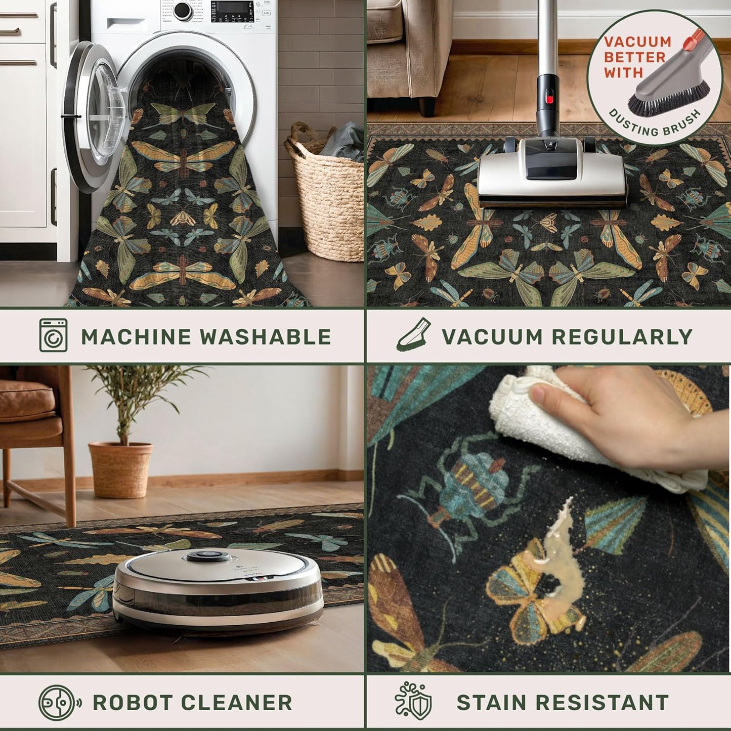 Small Black Entryway Rug - 2x3 Front Door Rug Indoor Entrance, Small Carpet for Kitchen Floor, Bathroom, Powder Room, Washable Low Pile Non Slip, Insect Print Home Décor