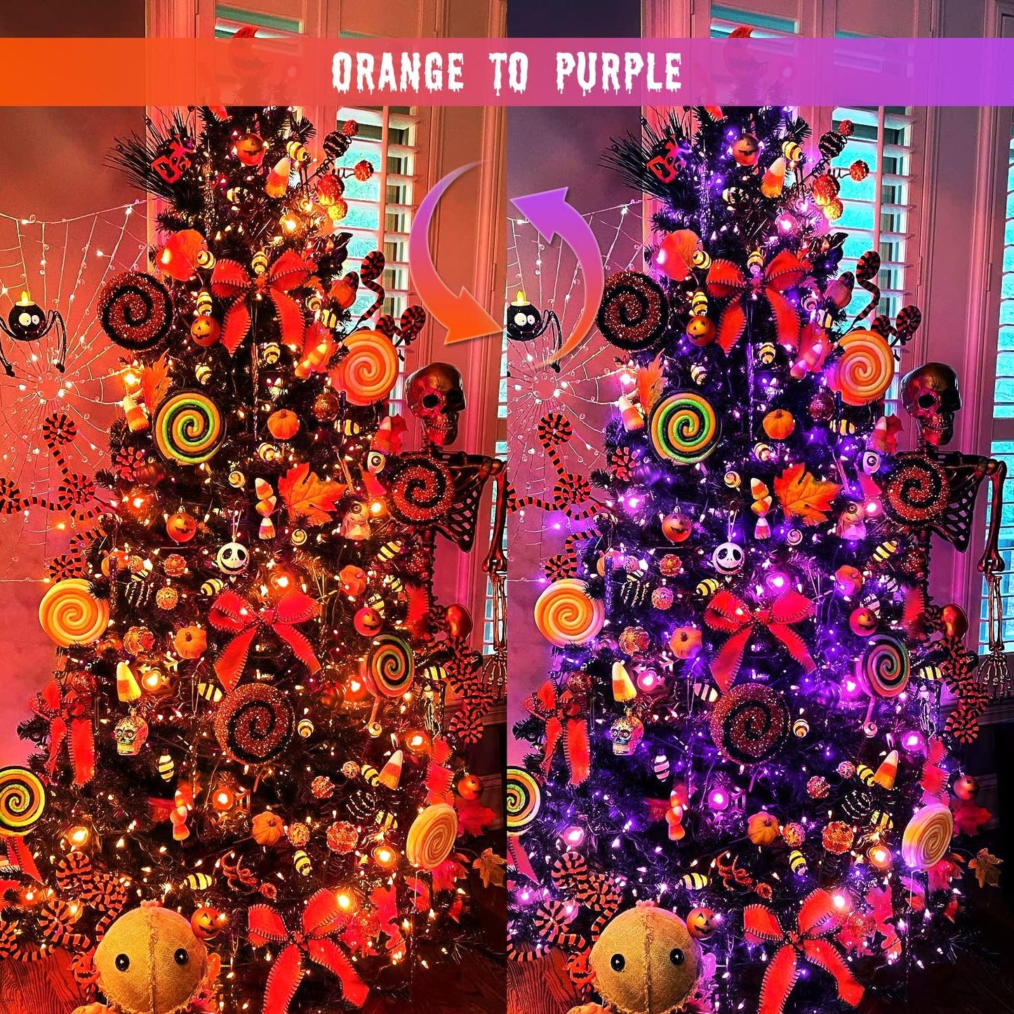 JMEXSUSS Orange and Purple Solar Halloween Lights, 2 Pack 100 Led Color Changing Christmas Lights Outdoor, 33ft 8 Modes Solar String Lights Waterproof for Halloween, Christmas, Tree Decor