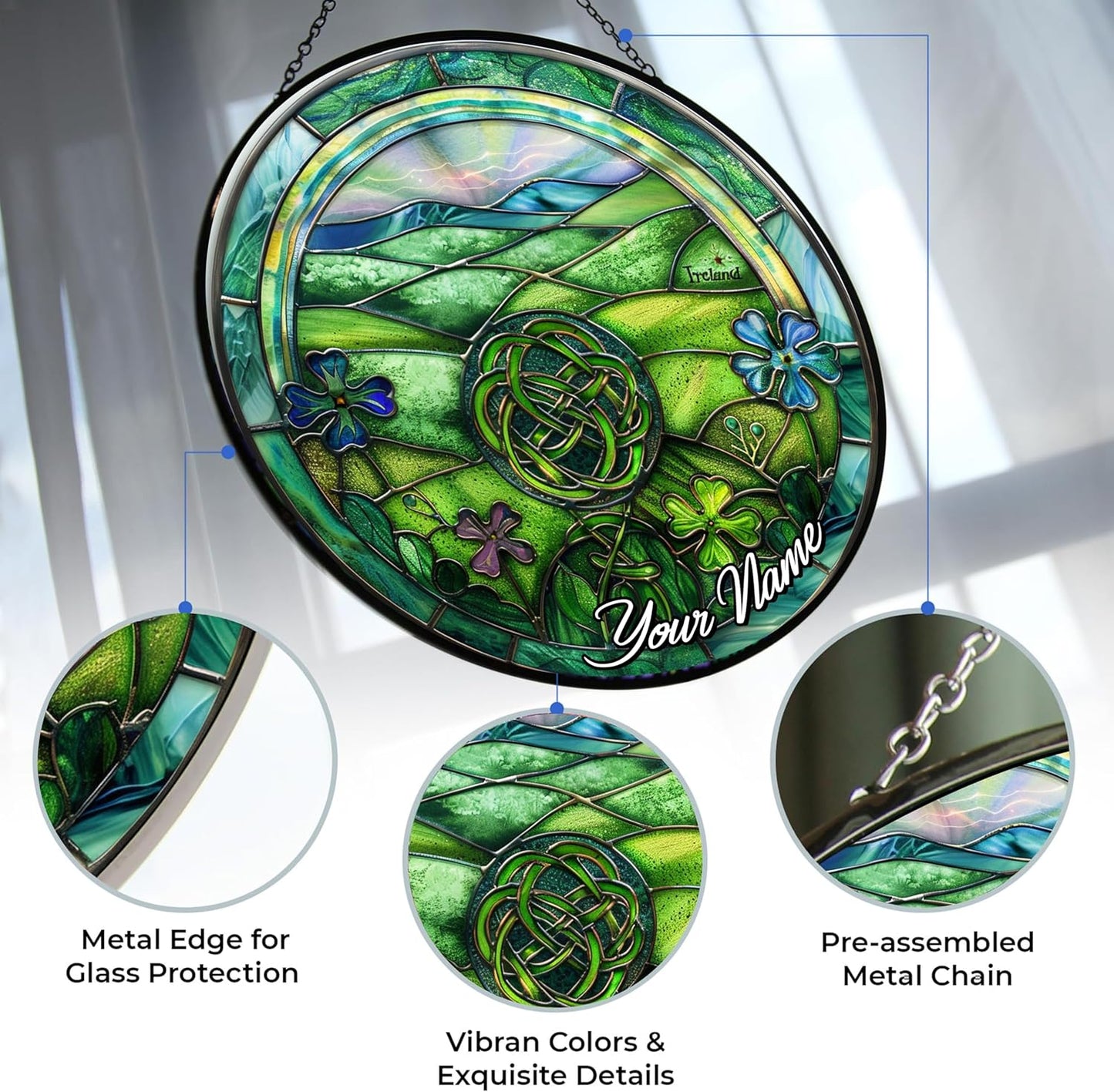 Ireland Stained Glass Sun Catcher, Custom Name Wall Hanging Colored Decor Room Indoor Window Decor, Halloween, Christmas Hanging Ornament Mother Day