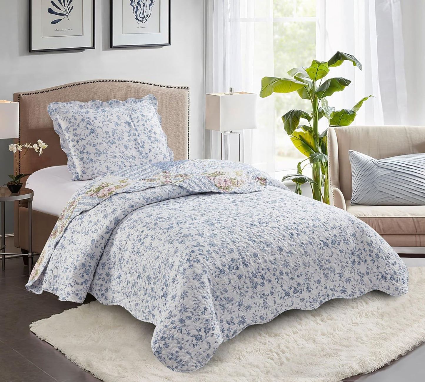 Brilliant Sunshine Blue Rose Patchwork, 2-Piece Quilt Set with 1 Sham, Reversible Bedspread, Soft Lightweight Coverlet, All-Season, Twin, Blue Rose
