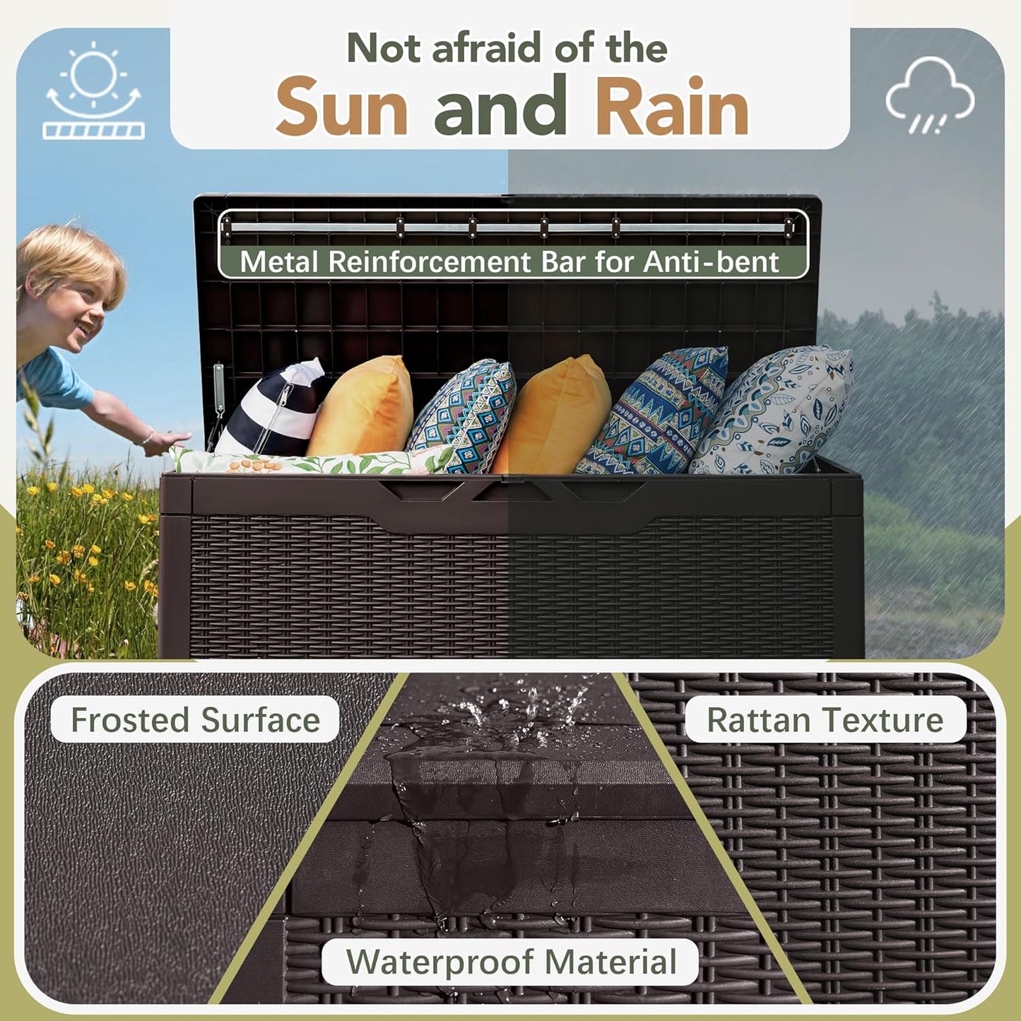 Flamaker Deck Box with Cushion 100 Gallon Waterproof Resin Storage Box with Air Rod Indoor Outdoor Lockable Storage Bench for Patio Furniture, Tools, Pool Accessories (Deep Brown)