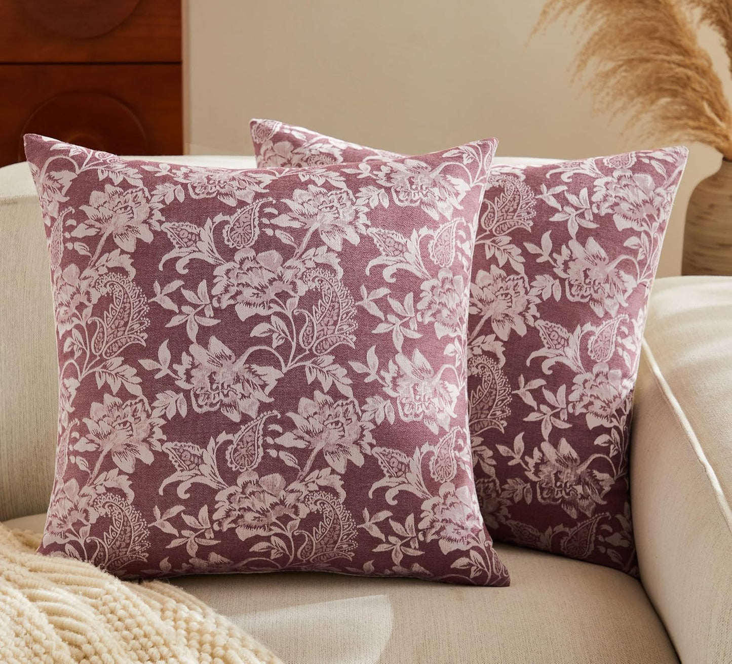 Floral Jacquard Throw Pillow Covers Set of 2, Background/Burgundy 24x24 Inch, Farmhouse Decorative Cotton Burgundy Cushion Covers for Sofa Bed Living Room Home Decor