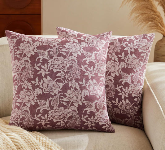 Floral Jacquard Throw Pillow Covers Set of 2, Background/Burgundy 16x16 Inch, Farmhouse Decorative Cotton Burgundy Cushion Covers for Sofa Bed Living Room Home Decor