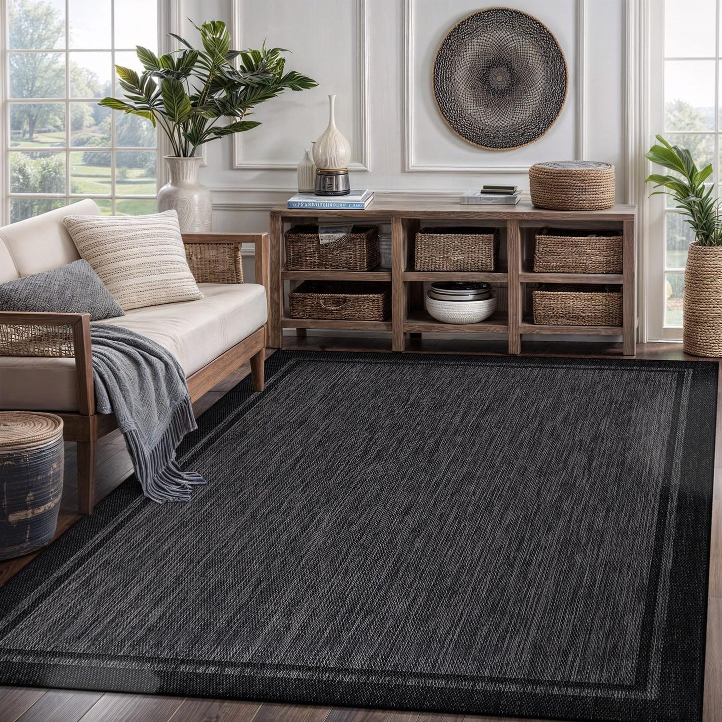 CAMILSON Indoor Outdoor Rug, 5x7 Bordered Dark Grey Black Modern Area Rugs for Indoor and Outdoor Patios, Kitchen and Hallway Mats, Washable Porch Deck Outside Carpet (Bordered Black, 5 x 7)