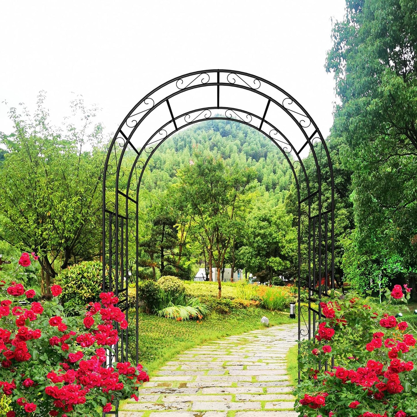 Metal Garden Arch 90.55" H Garden Arbor Trellis Climbing Plants Support Pattern Arch Outdoor Lawn Wedding Party Events Archway Black