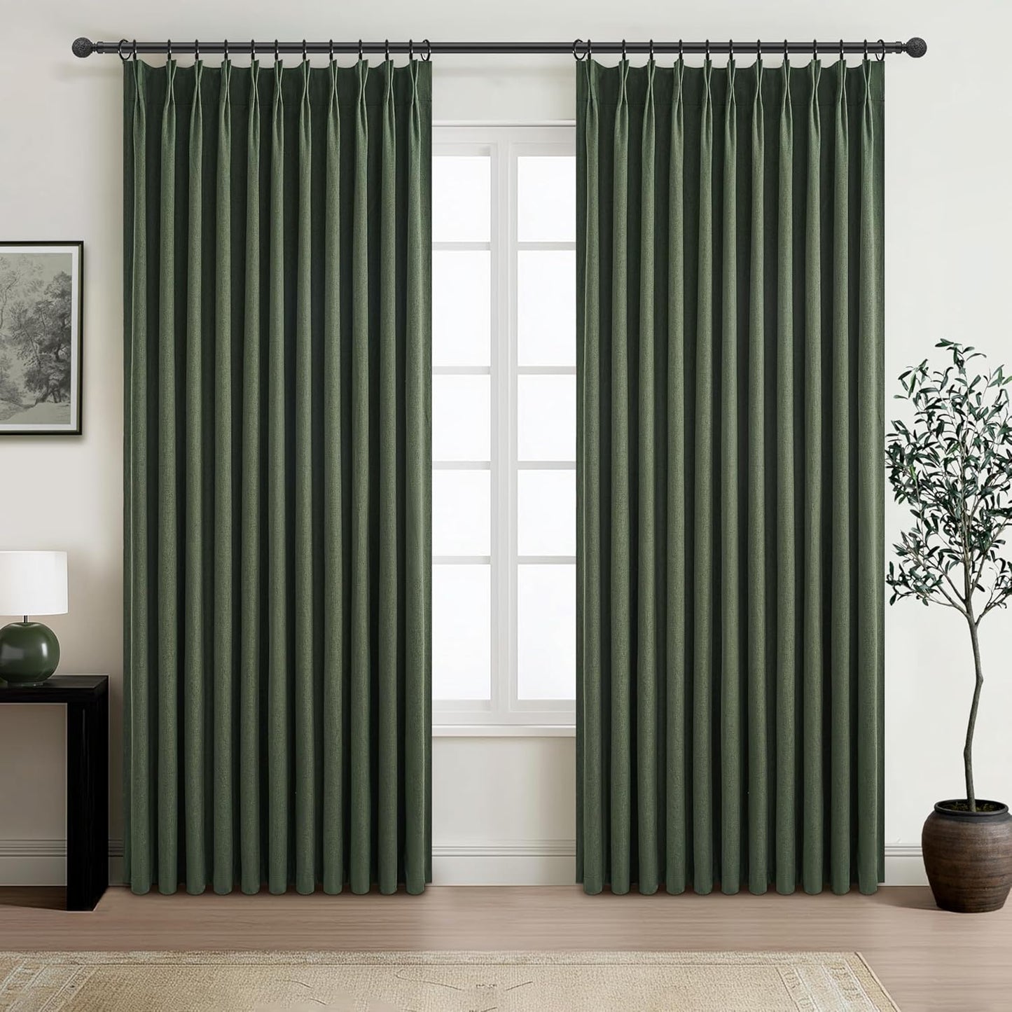 Curtains 70 Inch Length Extra Wide Pinch Pleated Black Out 84 Inch Long for Living Room, Olive Green Linen Thick Sliding Glass Door Heavy Duty Insulated Large Window Drapes (70"Wx84"Lx 2Panels Loden)