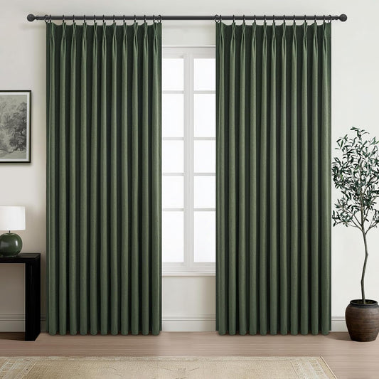 Curtains 70 Inch Length Extra Wide Pinch Pleated Black Out 84 Inch Long for Living Room, Olive Green Linen Thick Sliding Glass Door Heavy Duty Insulated Large Window Drapes (70"Wx84"Lx 2Panels Loden)