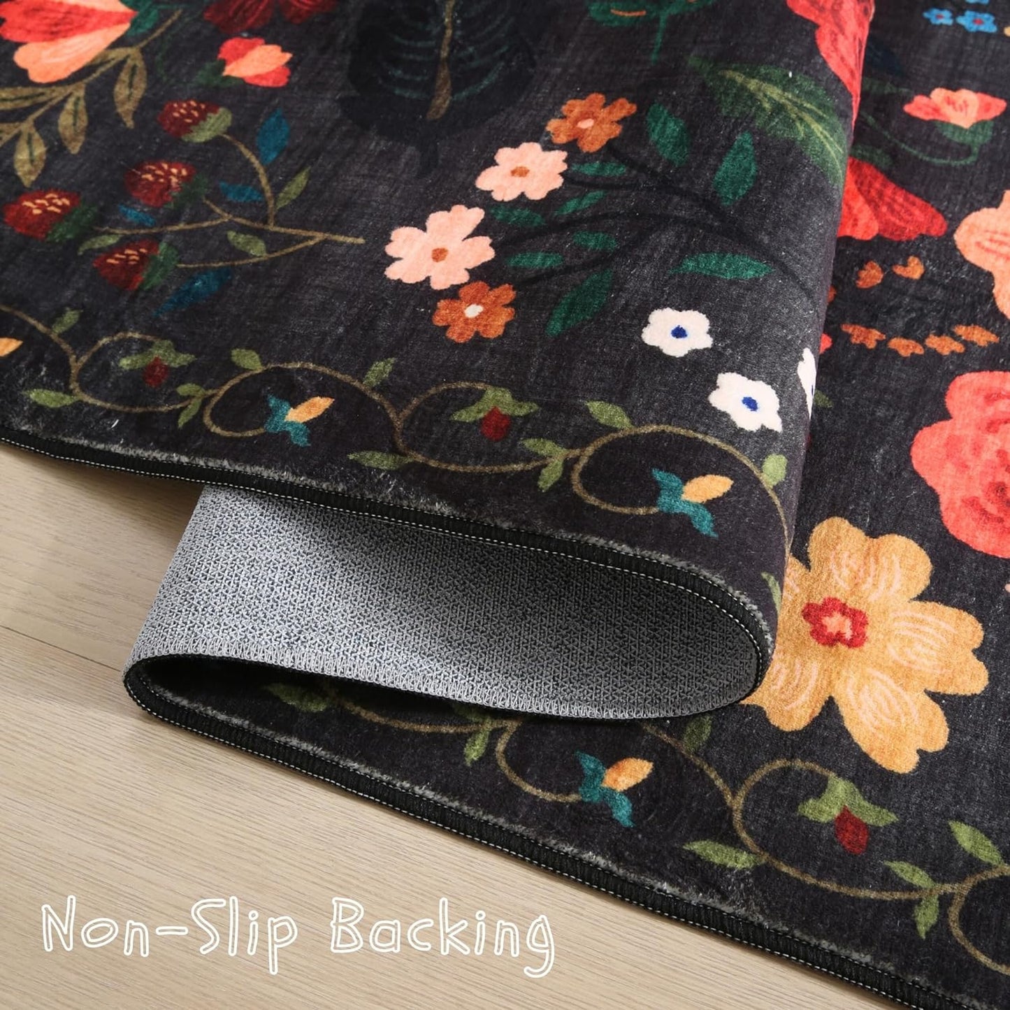 Bedroom Rug 3x5 Rug Washable Area Rug Non Slip Low Pile Boho Floral Small Carpet for Bedroom, Bedside, Kitchen, Entryway, Kids Room, Office, College Dorm Essentials for Girls(Black)
