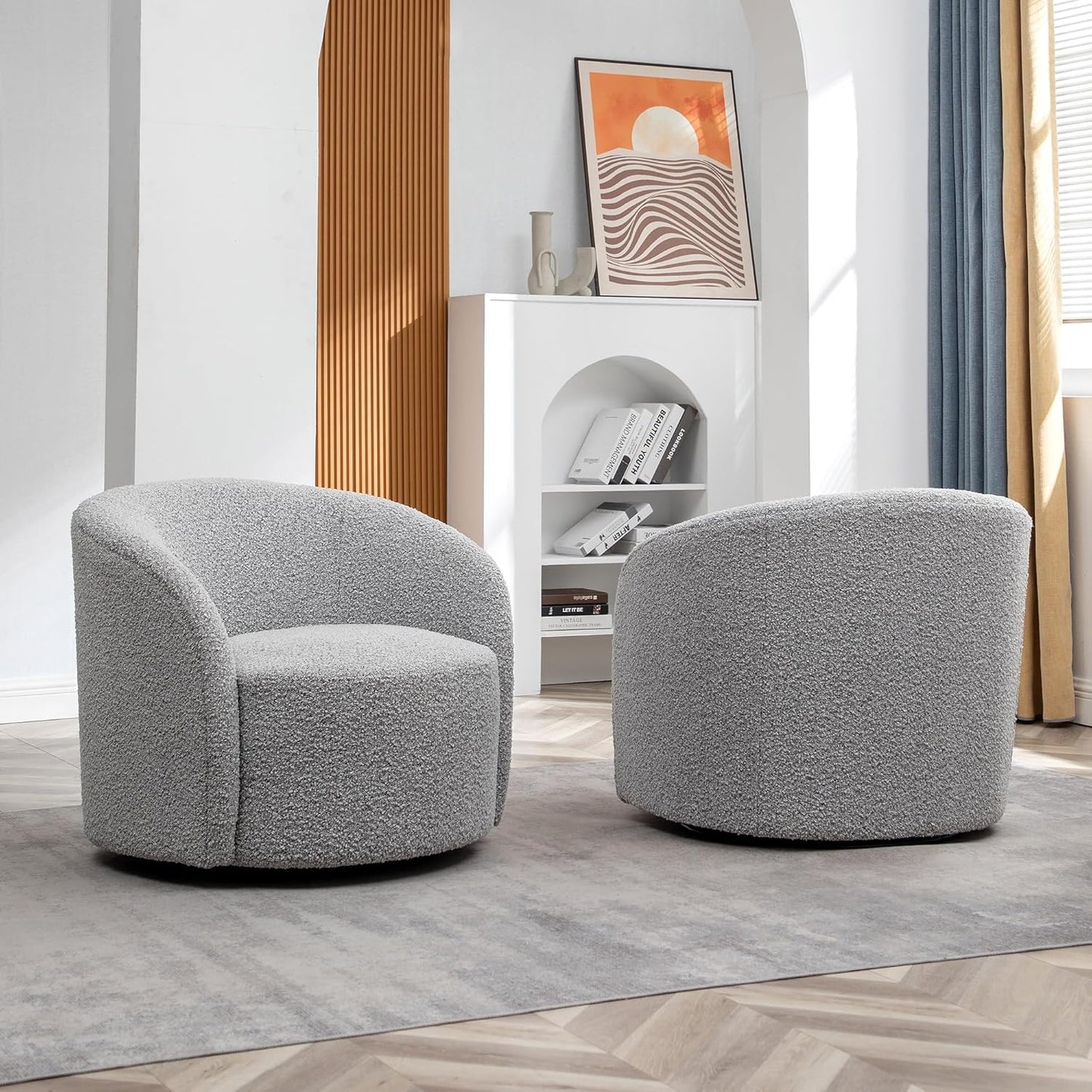 KINWELL 34" W Swivel Barrel Chair Set of 2, Mid Century Modern Round Upholstered Boucle Swivel Accent Chairs, No Assembly Sofa Chair for Living Room Bedroom Reading, Black White