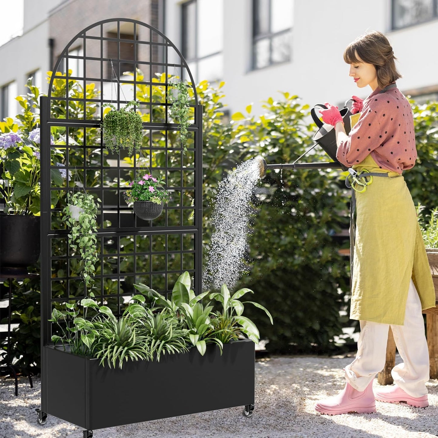 Casaphoria Metal Raised Garden Bed with Trellis and Wheels, 72"x35"x16" Arched Planter Box for Climbing Plants, Vegetables & Vines, Features Drainage Holes and Privacy Screen (Black-Grid)