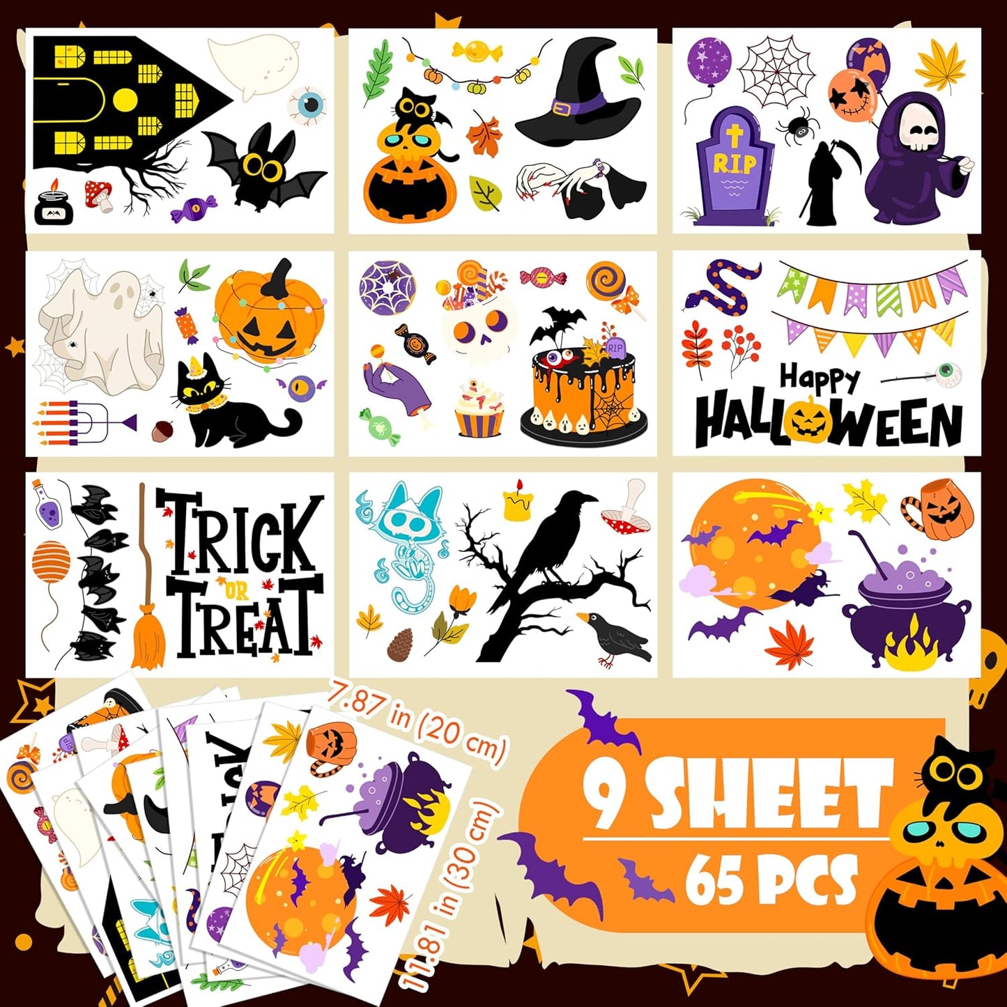 Halloween Window Clings - Halloween Decorations Static Window Stickers for Glass, Removable Large Double-Sided Window Decals for Indoor Home Decor, Bat Fall Cute Party Gift, 65 PCS/9 Sheet