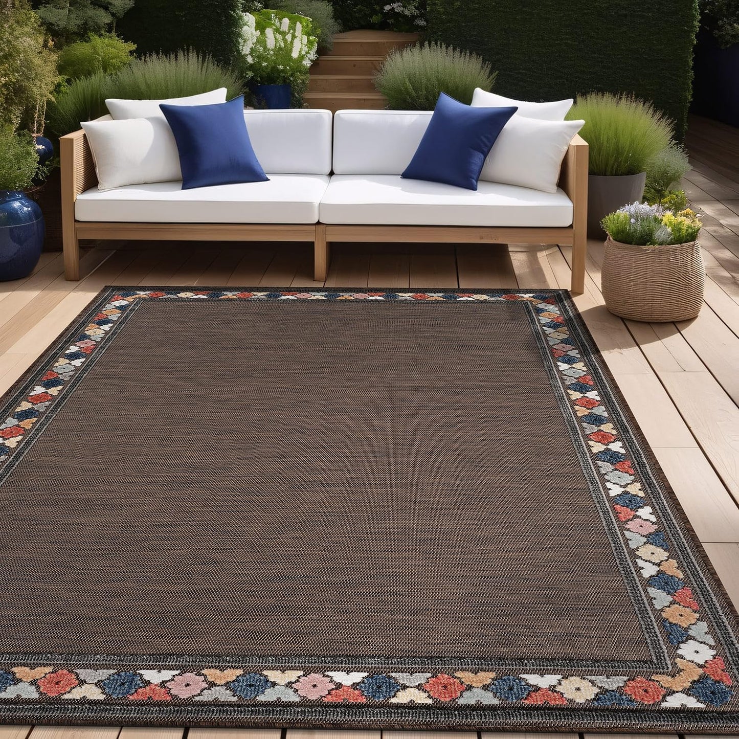 Beverly Rug Outdoor Rug 5x7 Modern Bordered Area Rugs for Indoor and Outdoor Patio Easy to Clean Non Shedding Living Room Porch Garden Washable Outside Carpet (5 x 7 Brown)
