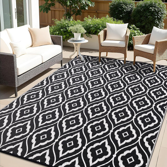 OLANLY Outdoor Rug 5x8 ft Waterproof, Outdoor Plastic Straw Rug with Geometric Pattern Clearance, Reversible RV Mat for Patio, Camping, Balcony, Deck, Backyard, Black & White