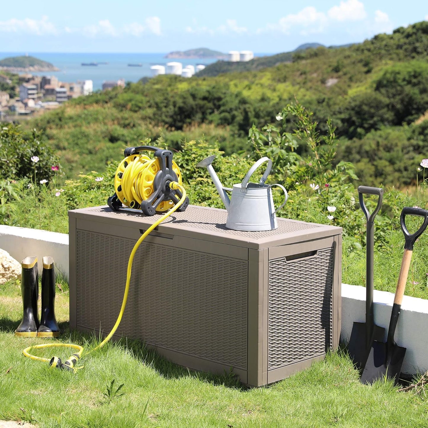 YITAHOME 100 Gallon Large Resin Deck Box Outdoor Storage Boxes for Patio Furniture, Outdoor Cushions, Garden Tools and Pool Supplies-Waterproof,Lockable (Taupe)