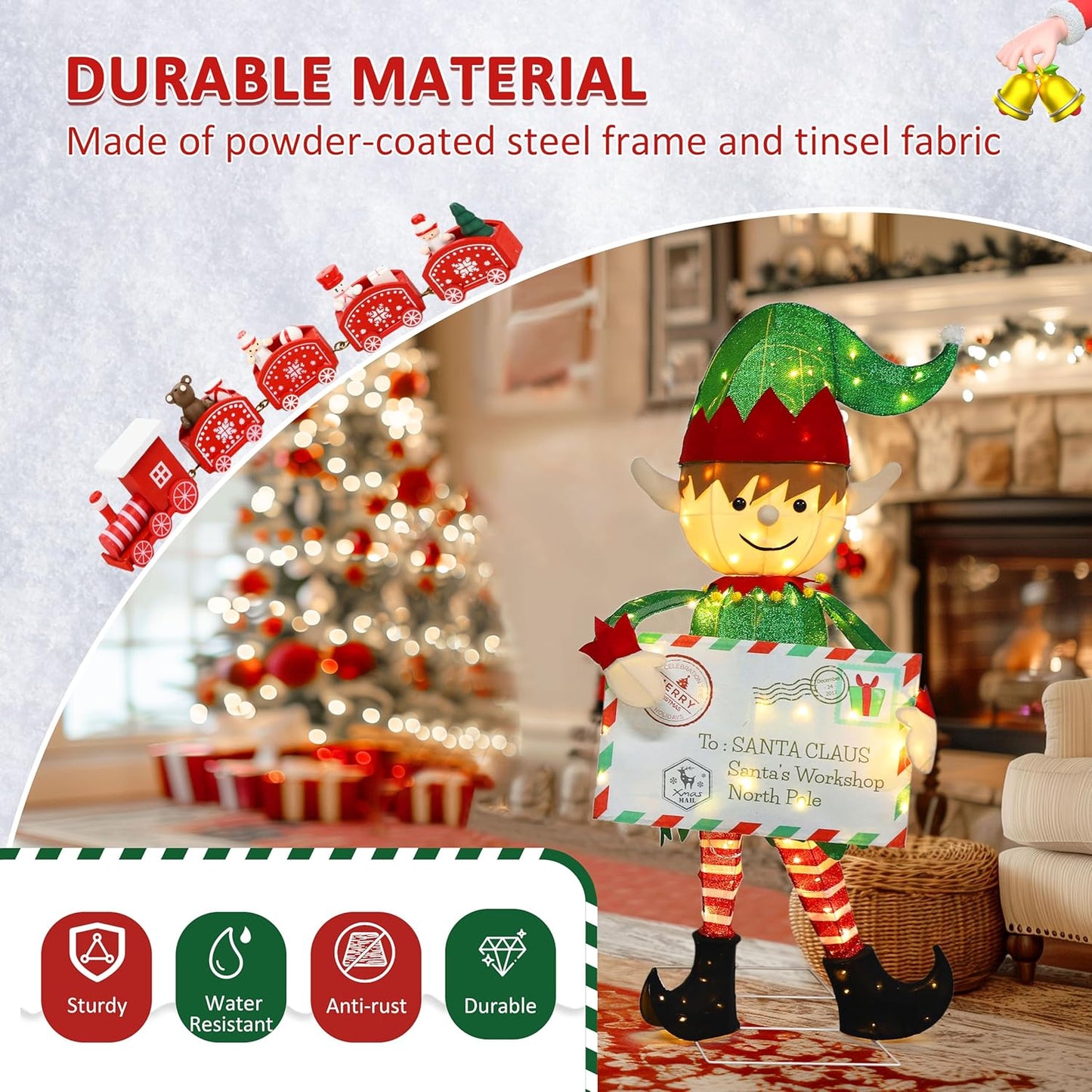 4.8FT Lighted Elf with Envelope Outdoor Christmas Decoration, 3D Pre-Lit Elf Decor with 100 LED Lights for Christmas, Freestanding Glittered Holiday Display for Outdoor, Indoor