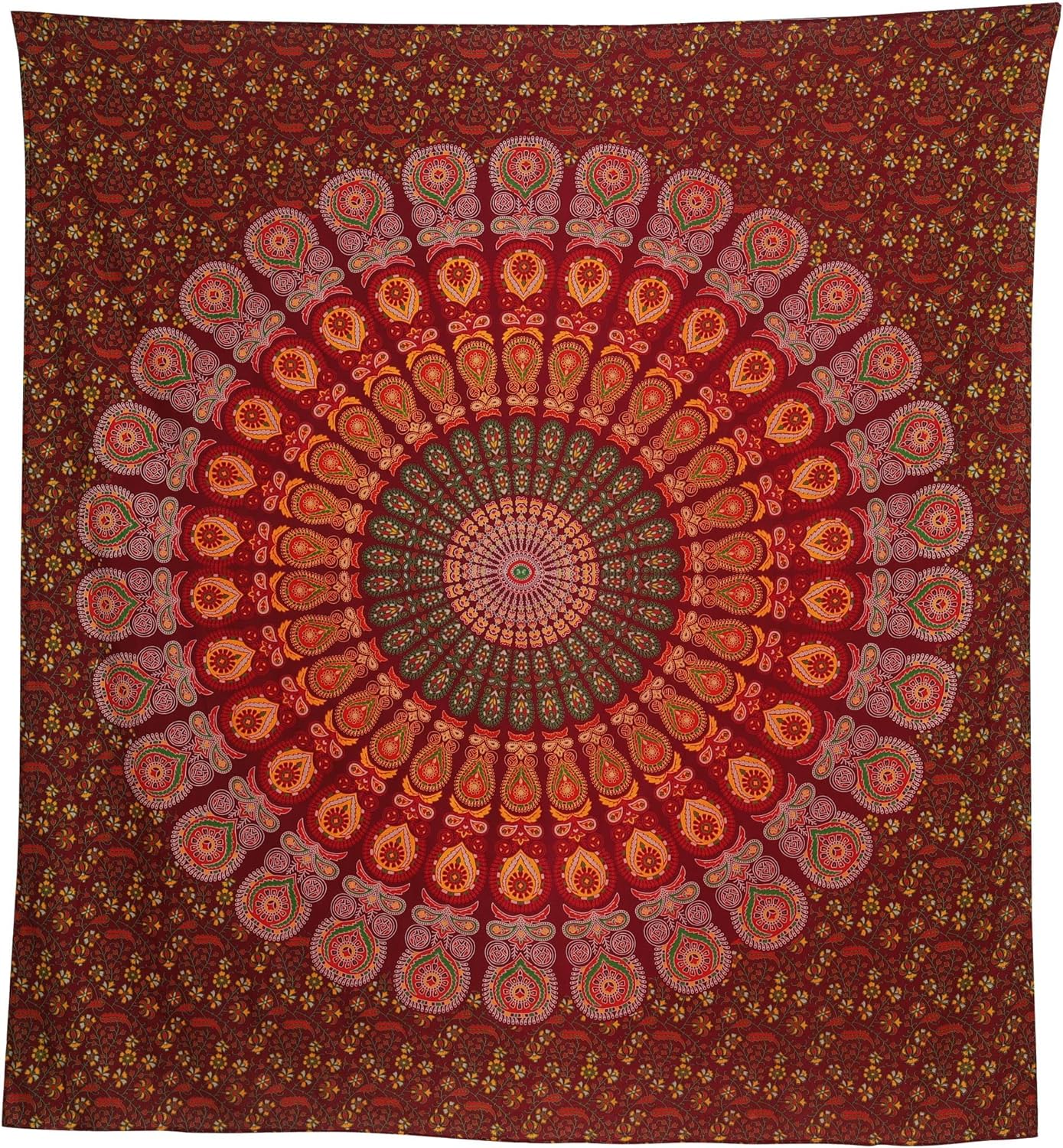 Bless International Handmade Indian hippie Bohemian Psychedelic Peacock Mandala Wall hanging College Dorm Beach Throws Table Cloth Bedding Tapestry (Maroon Yellow, Queen(84x90Inches)(215x230Cms))