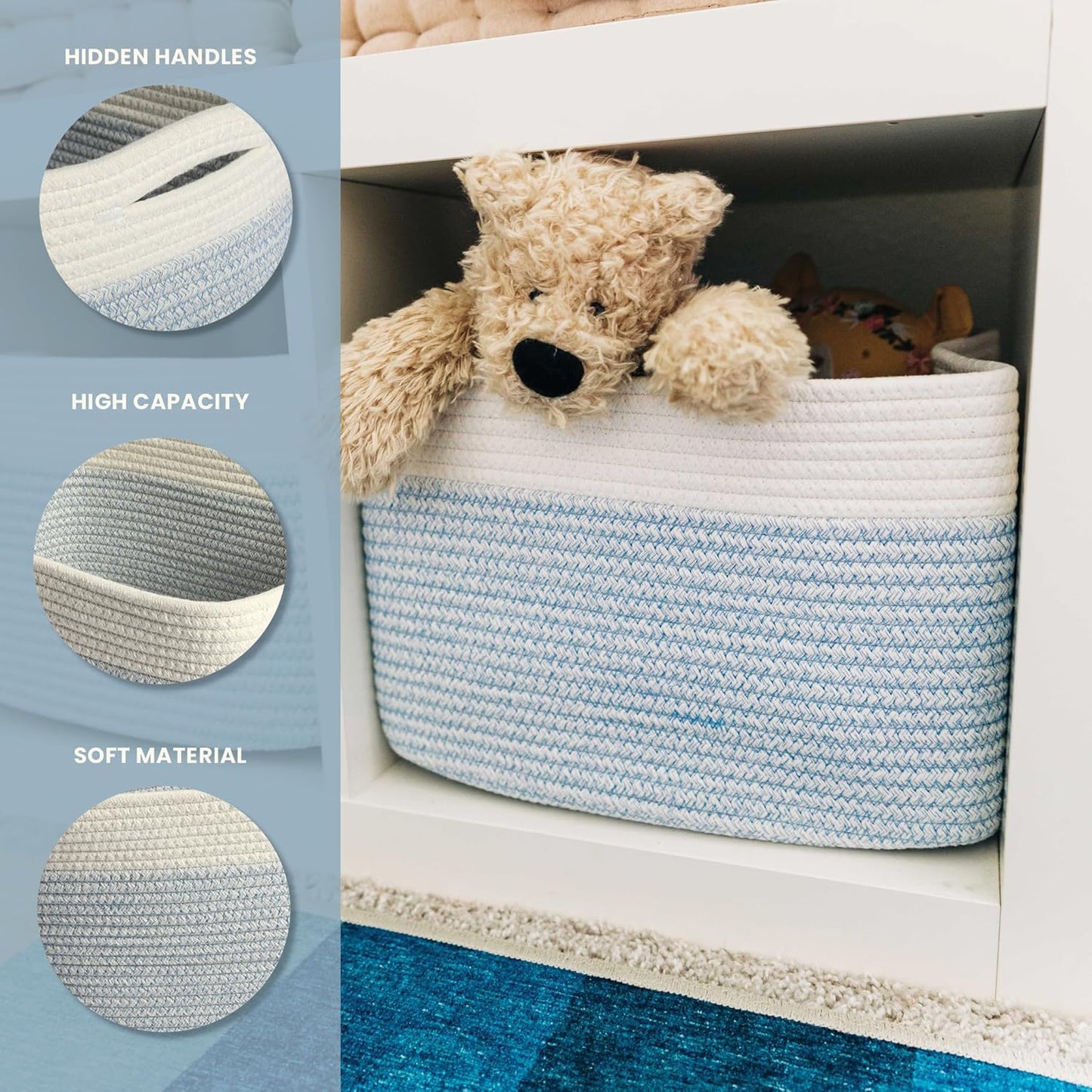 OrganiHaus Set of 3 Woven Storage Baskets for Organizing, Cotton Rope Organizer Bins for Shelves, Closet & Nursery, Dog Toy Basket, Decorative Bins for Toys, Towels & Books - 15x10x9, Blue/Off-White