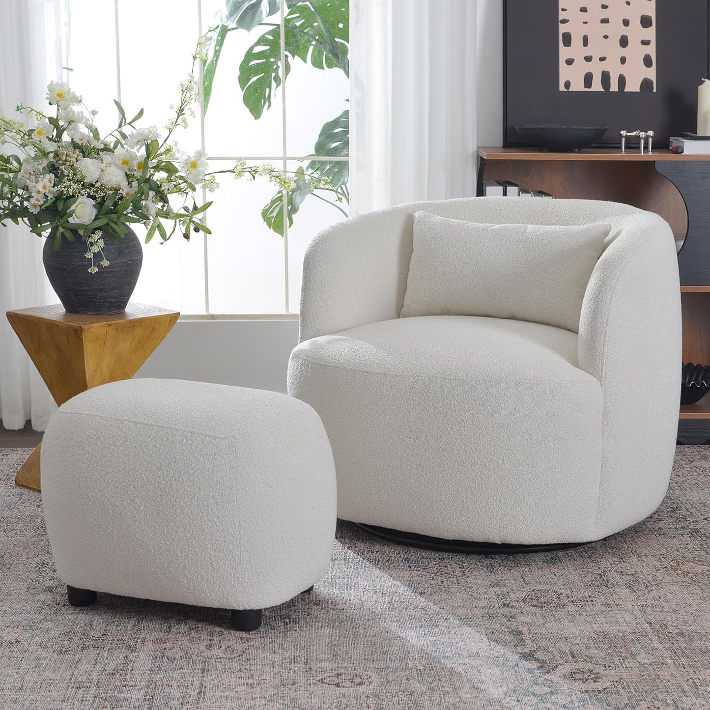 KINWELL 34" Wide 2 Boucle Swivel Barrel Chairs and 2 Ottomans Set, Fully Assembled Sherpa Accent Chairs and Footrest Set, Modern Comfy Armchairs and Footstool for Living Room and Bedroom, Beige