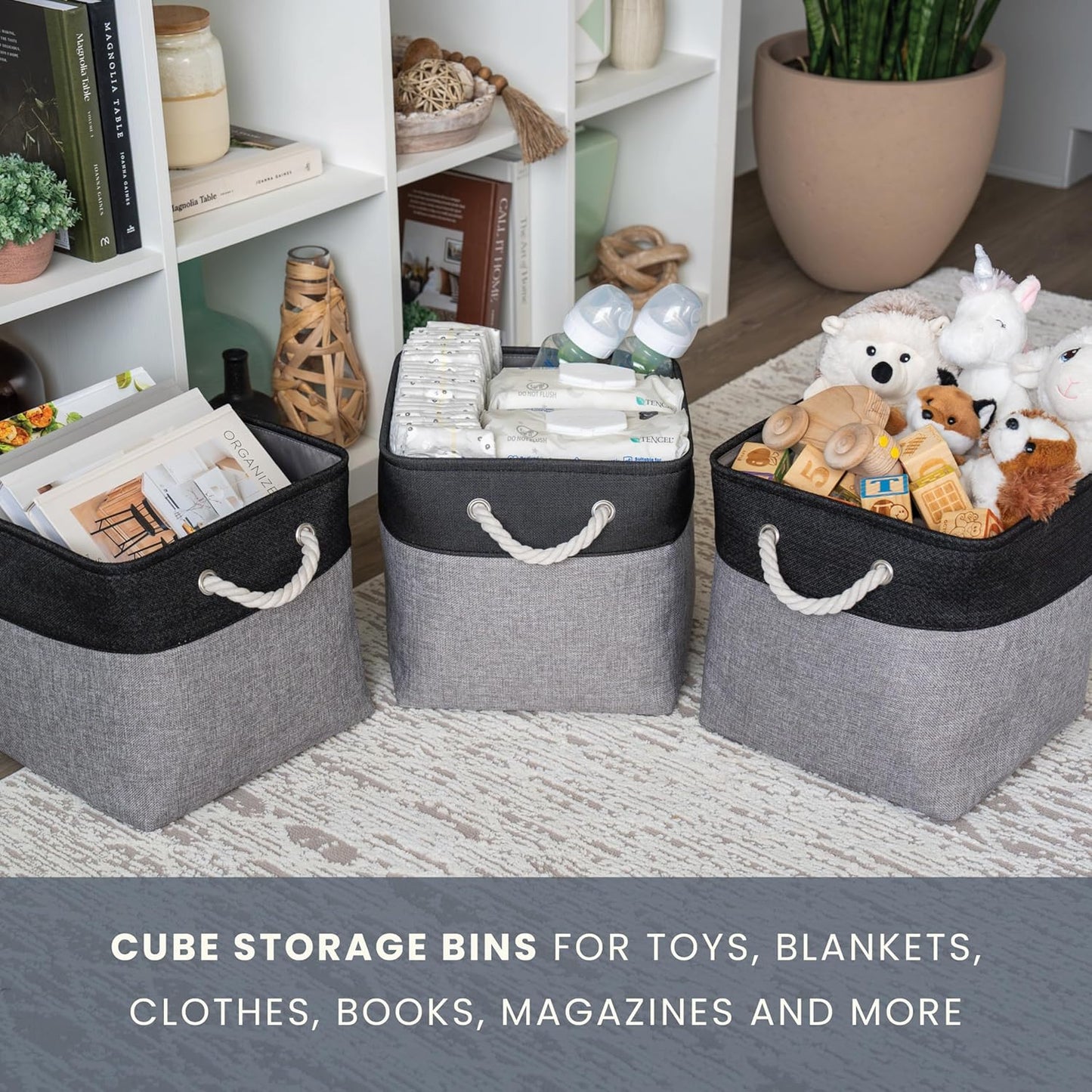 OrganiHaus 11x11 Cube Storage Bins 4 Pack, Foldable Cube Storage Organizer w/ Rope Handles, Collapsible Fabric Bins for Toys, Clothes & Closet Organization, Fabric Square Baskets - Gray/Black