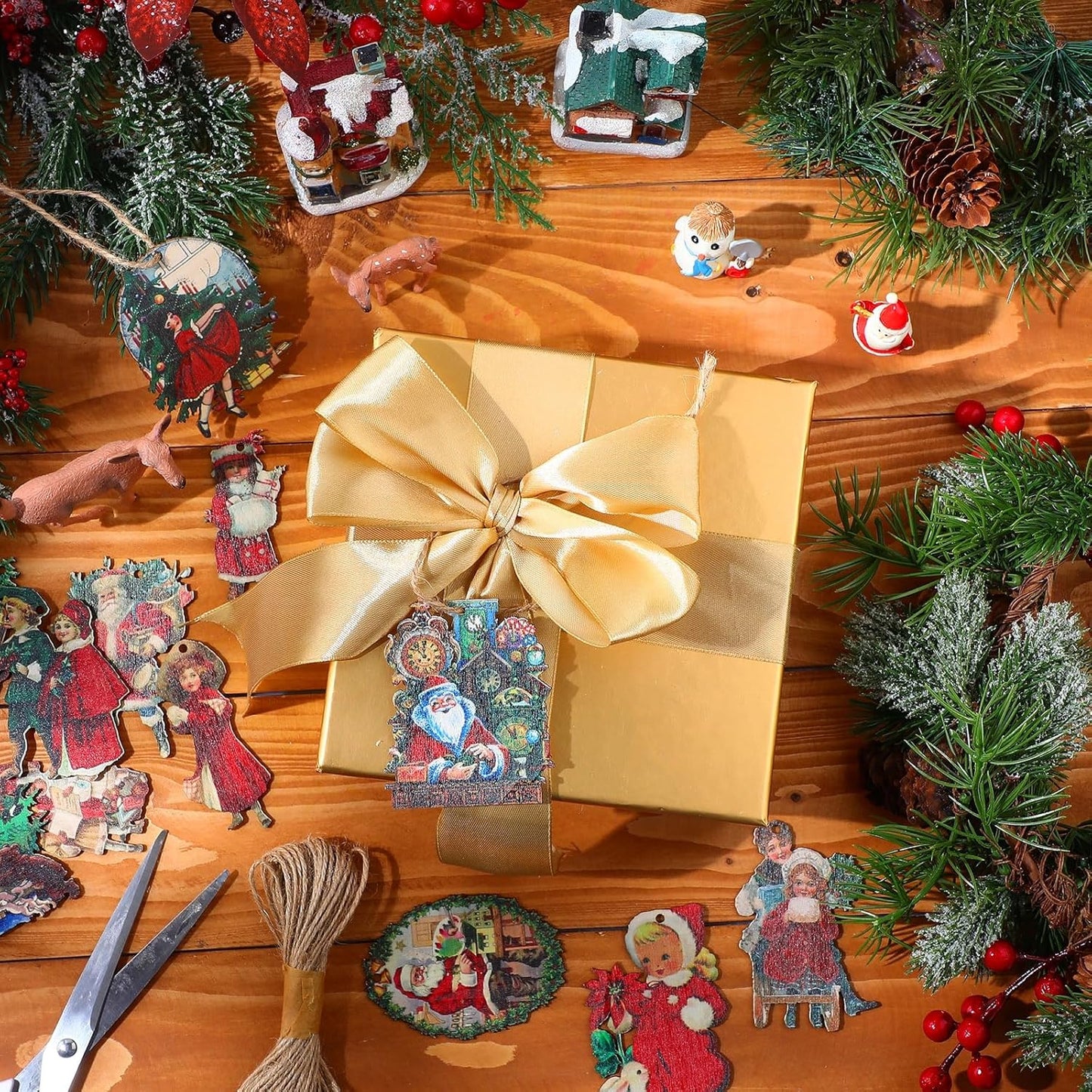 48 Pcs Vintage Wood Ornaments - Victorian Style Santa Claus, Snowman & Retro Decor for Christmas Trees