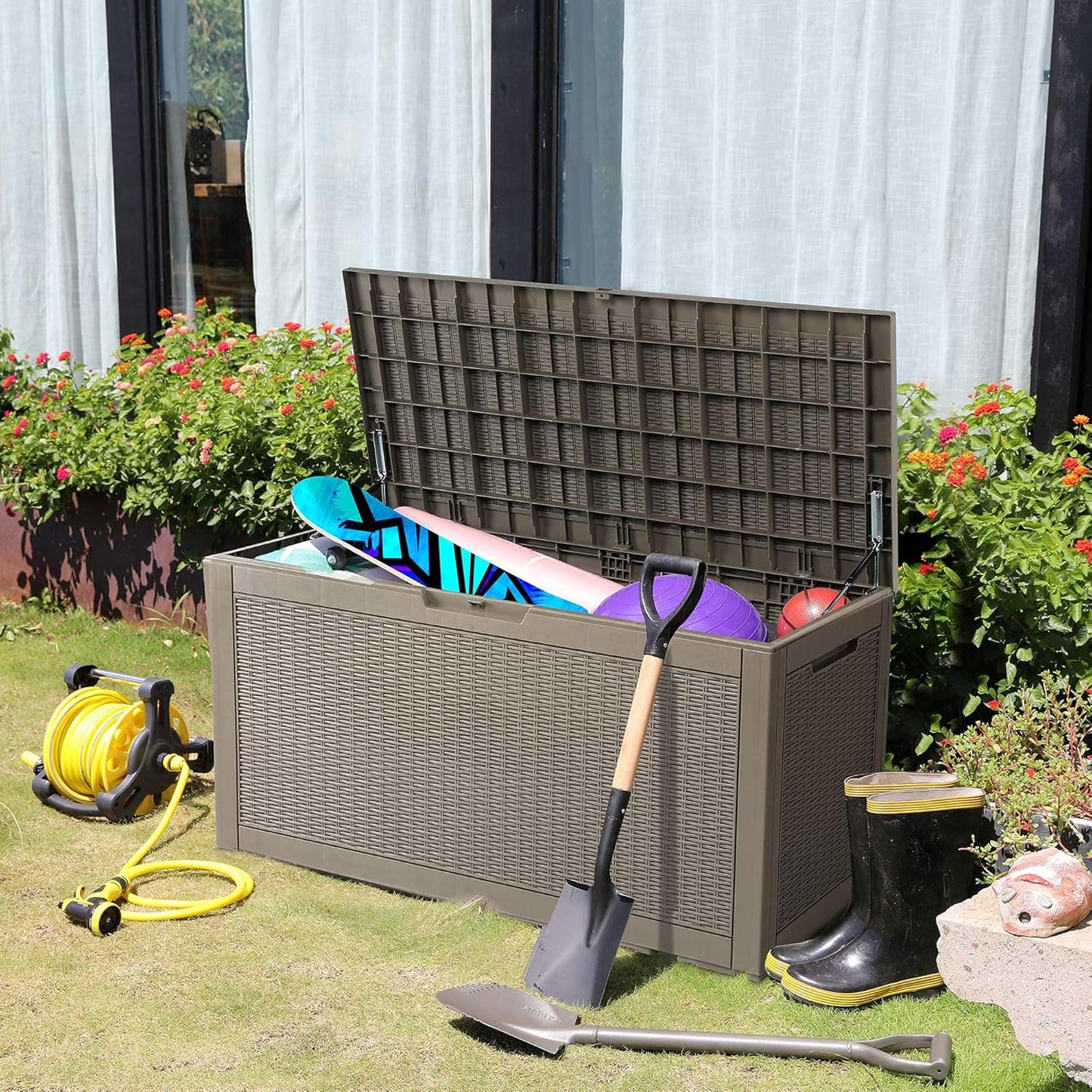 YITAHOME 100 Gallon Large Resin Deck Box Outdoor Storage Boxes for Patio Furniture, Outdoor Cushions, Garden Tools and Pool Supplies-Waterproof,Lockable (Taupe)