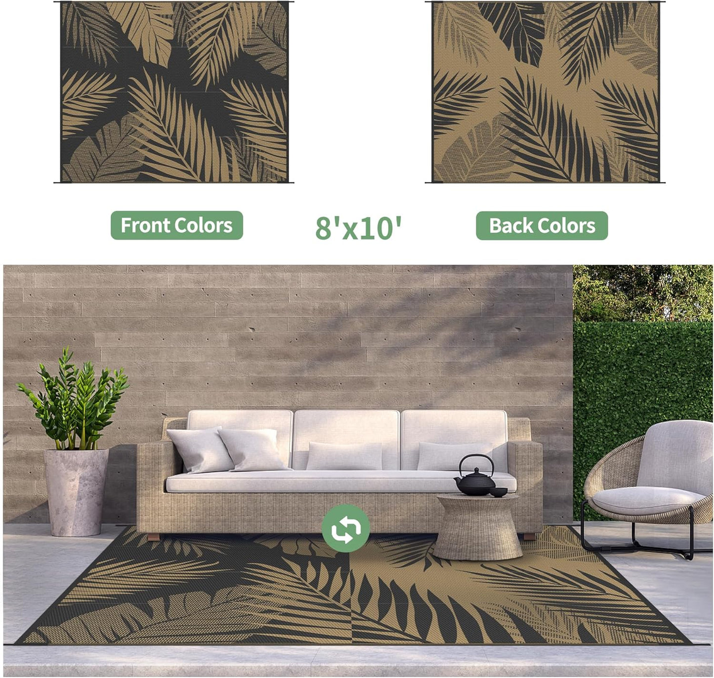 GENIMO Outdoor Rug 8' x 10' Waterproof for Patios Clearance, Reversible Outdoor Plastic Straw Camping Rug Carpet, Large Area Rugs Mats for RV, Camper, Deck, Balcony, Porch, Beach, Picnic, Black&Brown