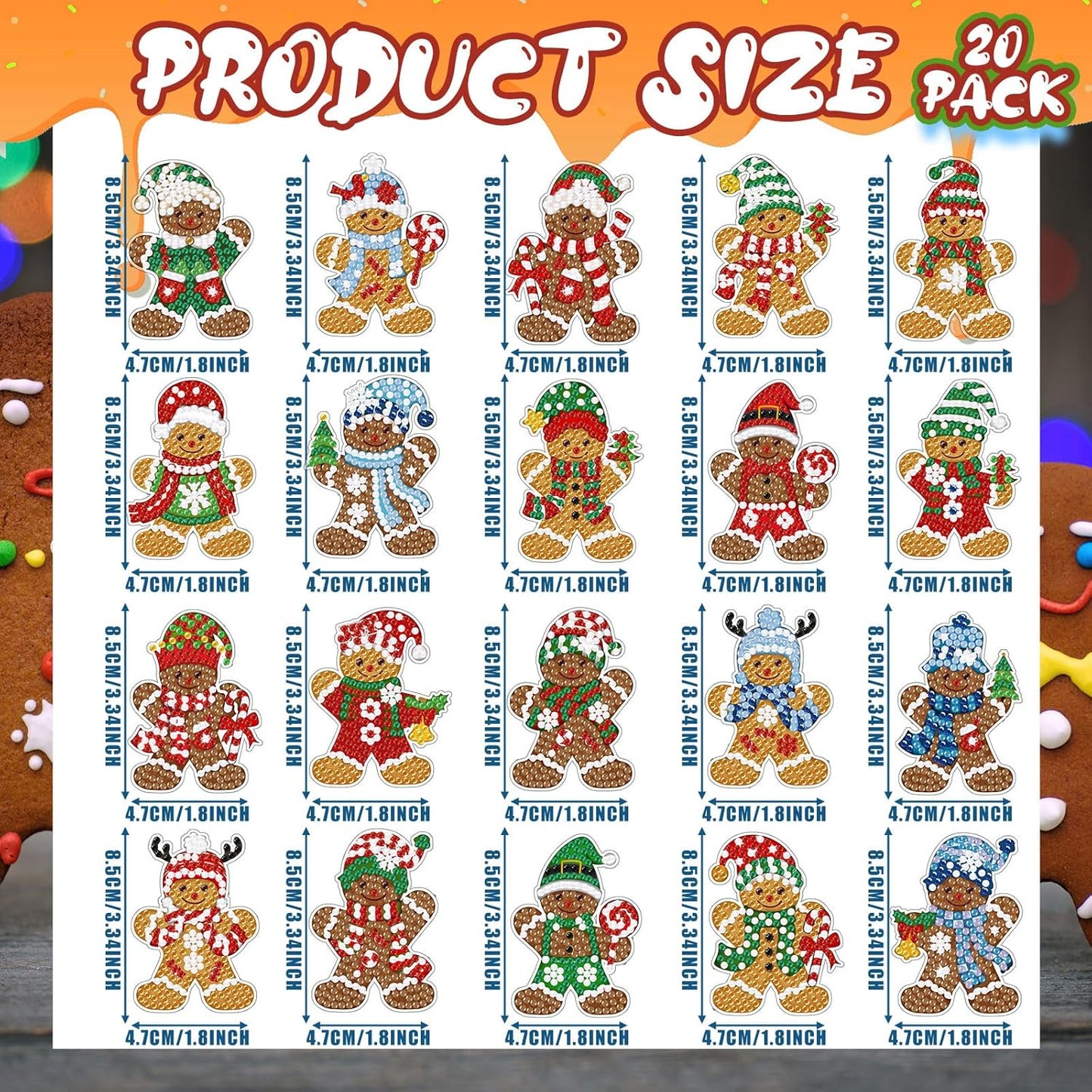 Tondiamo 20 Pcs Christmas Diamond Painting Keychain Kits 5D DIY Diamond Art Pendants Double Sided Hanging Key Chains for Christmas Party Decoration DIY(Gingerbread Man Style)