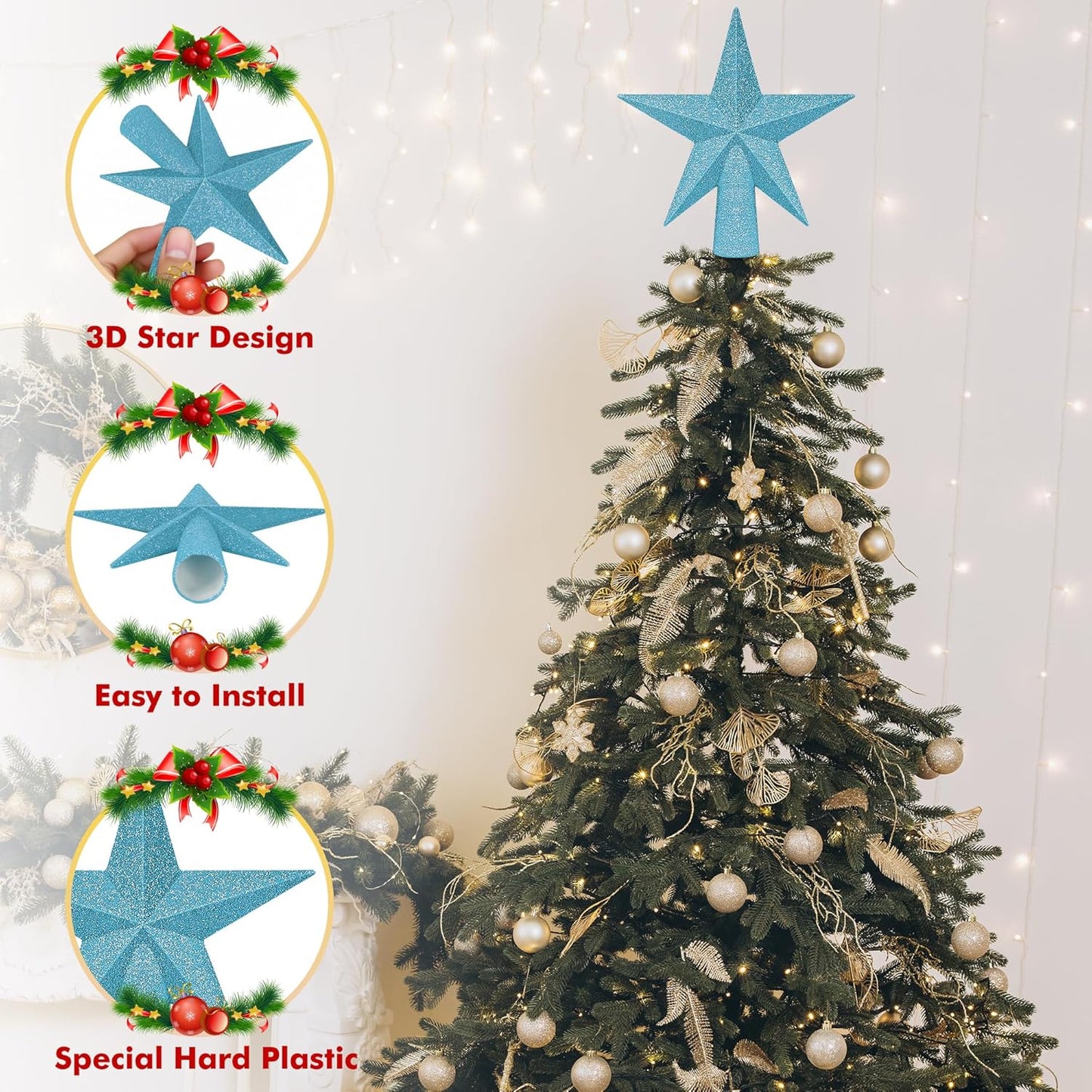 Christmas Tree Topper, Blue 6" 3D Star Tree Topper Decorations, Christmas Tree Topper Bethlehem Star Ornament, Glitter Waterproof Shatterproof Xmas Tree Decor for Holiday Xmas Home Indoor Outdoor