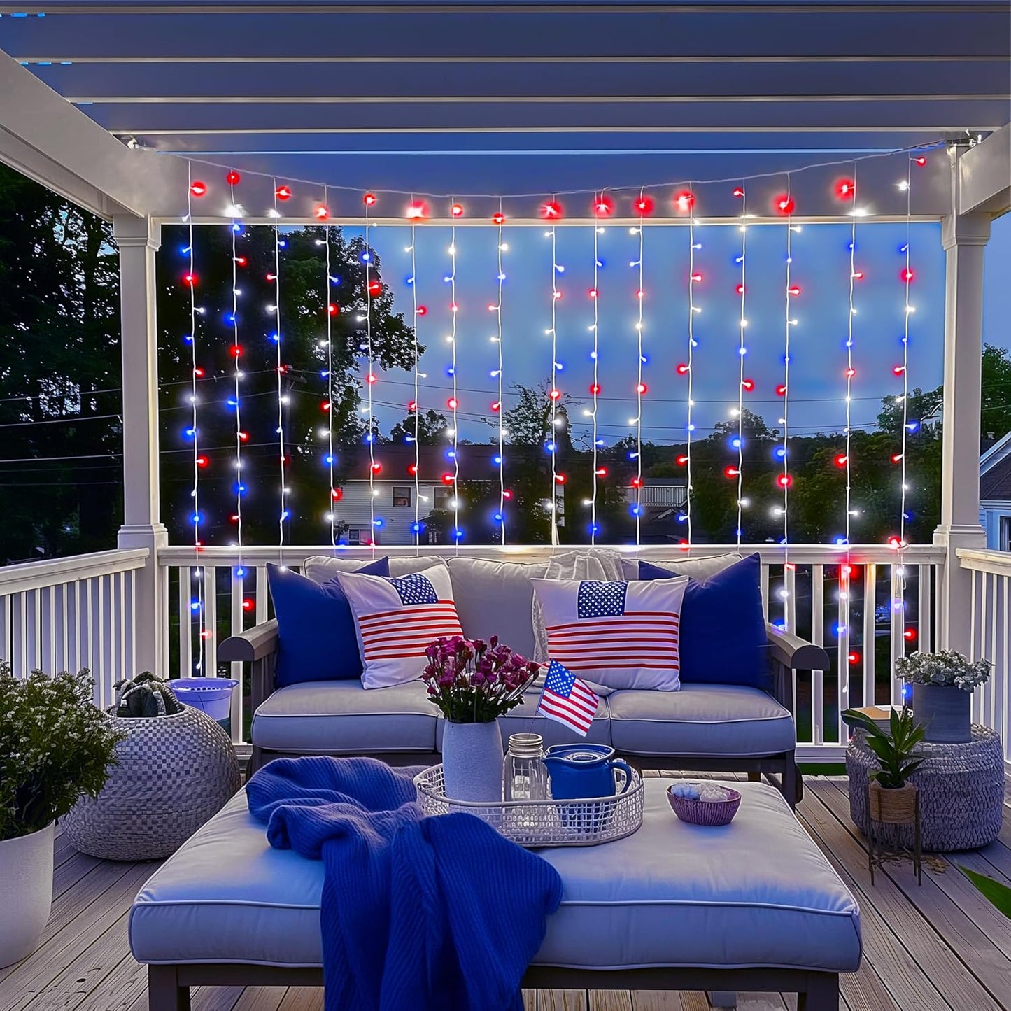 JMEXSUSS 300LED Red White and Blue Lights with Remote, 4th of July Lights Plug in, Patriots Curtain Hanging String Lights for Bedroom Wall Window Backdrop Indoor Outdoor 4th of July Decor, 9.8x9.8ft