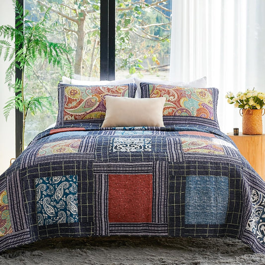Secgo King Size Comforter Set- 100% Cotton Quilt King Size Set, Black bedspreads (96 * 108 Inch) with 2 Pillow Shams, Patchwork Reversible Lightweight Bedding