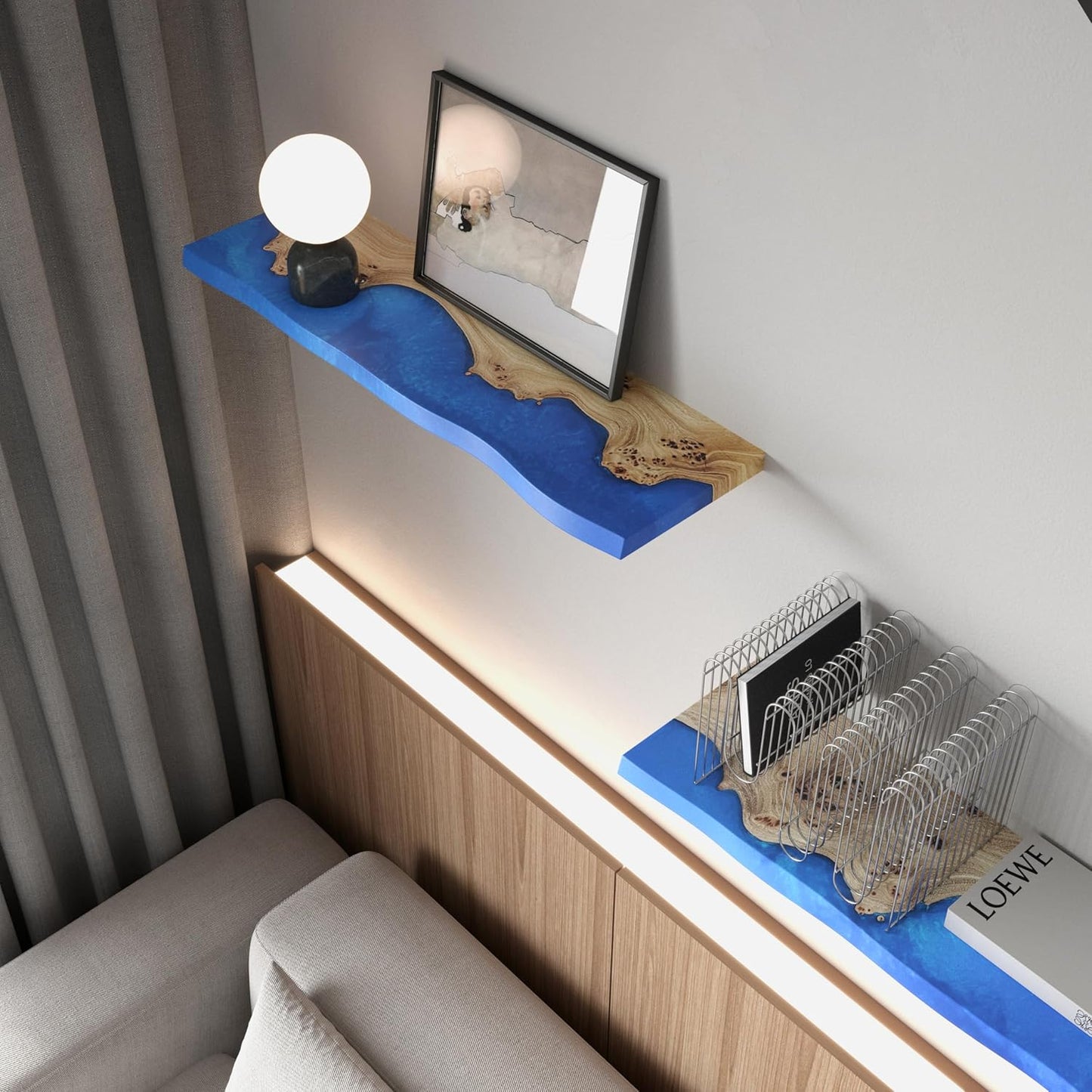 RWA Unique Floating Shelves for Wall Decor - Epoxy & Wood Wall Shelf Plank, Stylish Shelves for Room Wall Living Room Bedroom Office Organization - Elegant Wall Mounted Shelves Design (Small, blue)