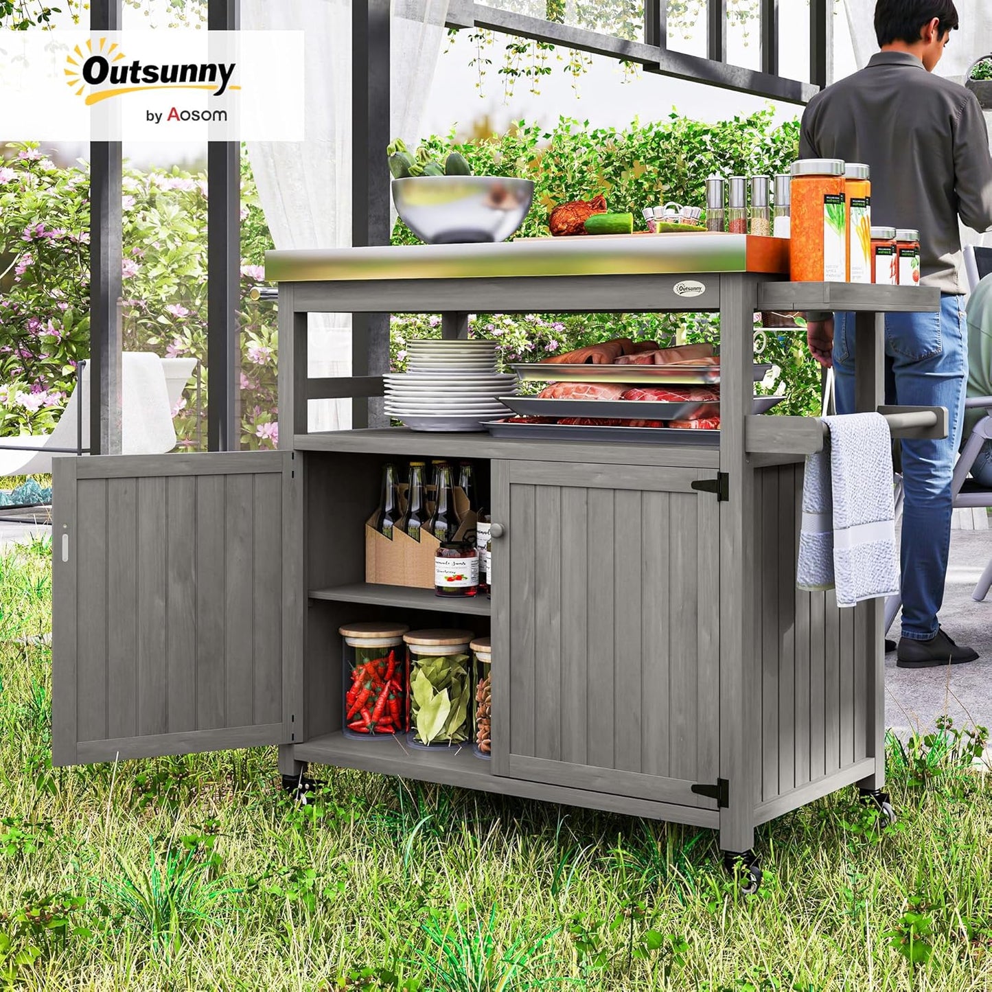 Outsunny Outdoor Grill Cart with Wheels and Storage, Solid Wood Outdoor Kitchen Island with Stainless Steel Top, Movable Bar Cart with Spice Rack, Side Handle, Integrated Hole for BBQ, Gray