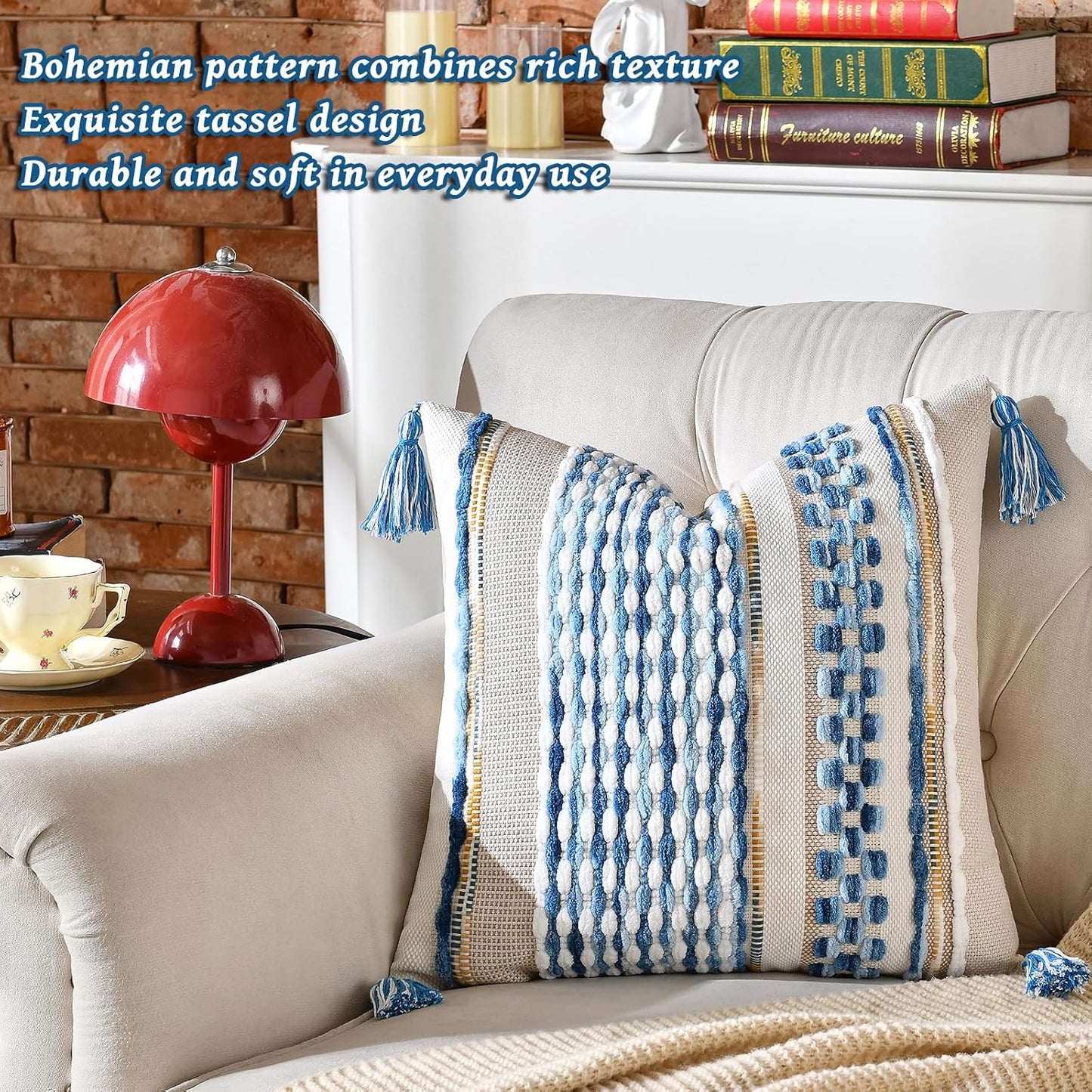 AmHoo Set of 2 Chenille Striped Textured Boho Throw Pillow Covers Aesthetic with Tassels Woven Decorative Pillow Case for Couch Bed Sofa Bedroom Modern Funky 18 x 18-Inch Sky Blue