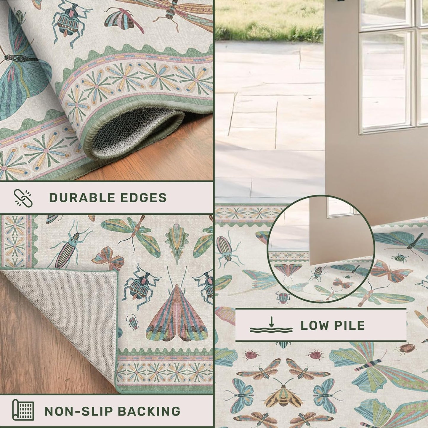 Washable Sage Green Large Entryway Rug, 3x5 Area Rugs for Laundry Room, Kitchen, Bedroom, Dorm, Insect Print Vintage Floral Non-Slip Throw Rug Low Pile Stain Resistance