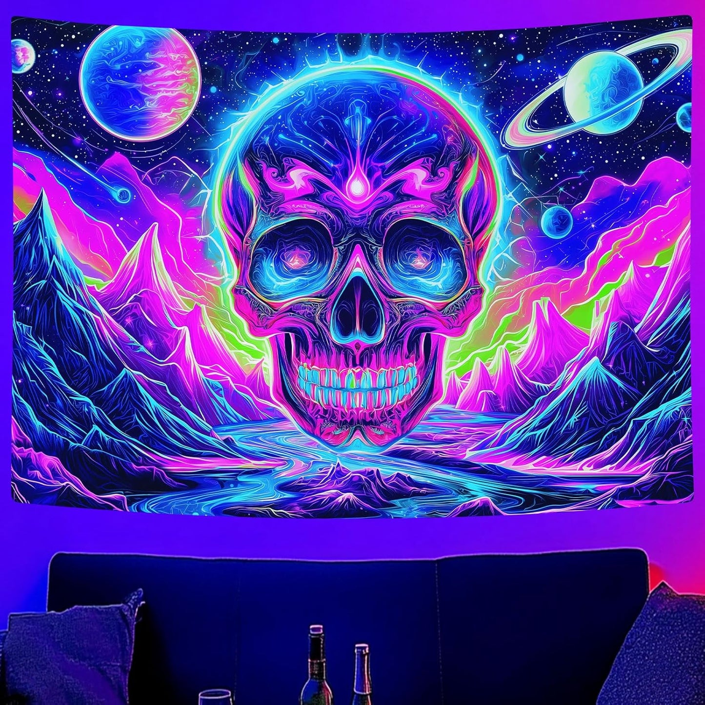 Blacklight Skull Tapestry, UV Reactive Gothic Skeleton Mountain Galaxy Planet Wall Hanging Tapestries, Glow in the Dark Horror Face Halloween Aesthetic Poster for Bedroom Living Room Decor 40X30IN