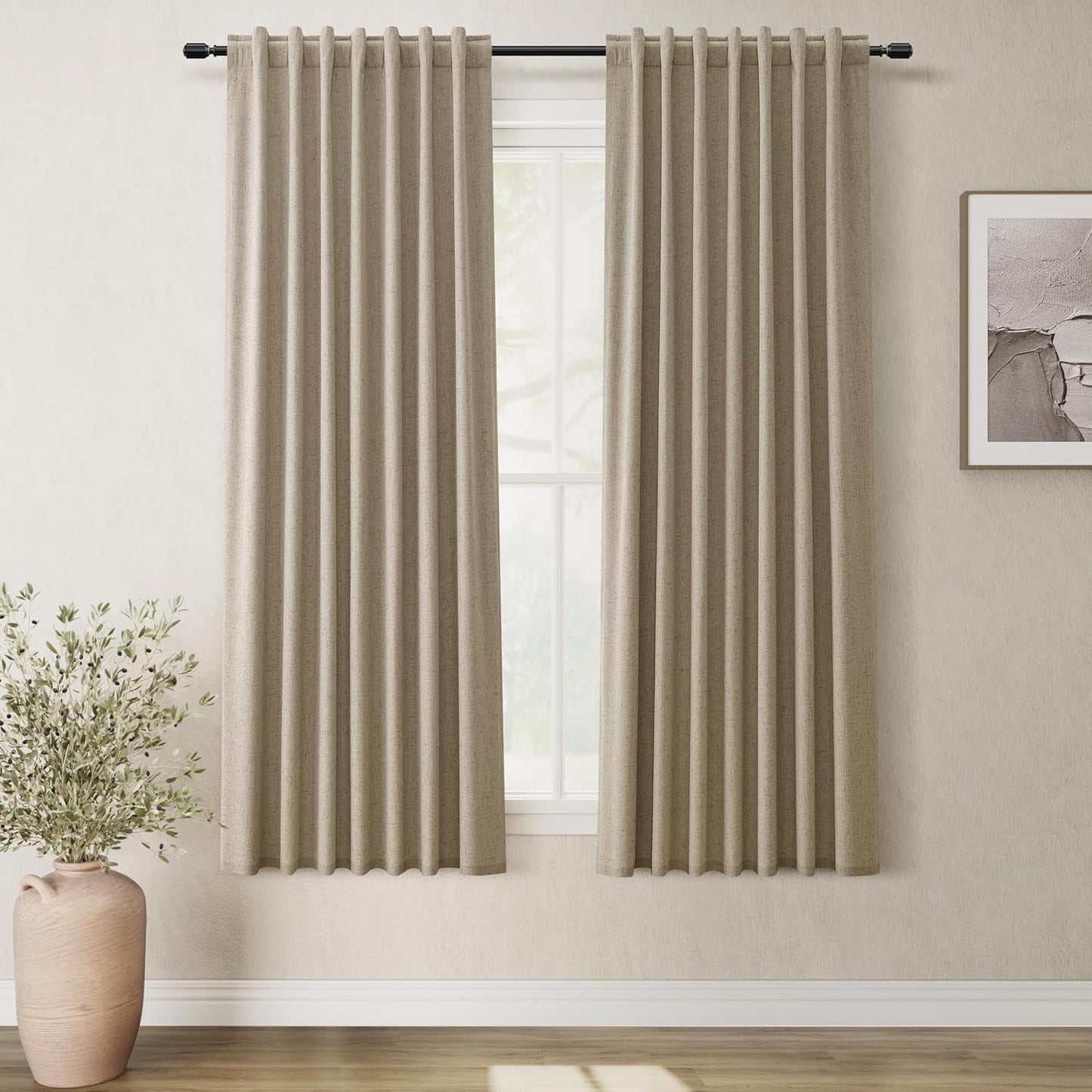 BOODII 63 Inch Blackout Curtains Linen Black Out Curtains for Bedroom 2 Panels Set Neutral Room Darkening Curtain Khaki Thermal Insulated Curtain for Nursery Window Drapes Back Tab 52x63
