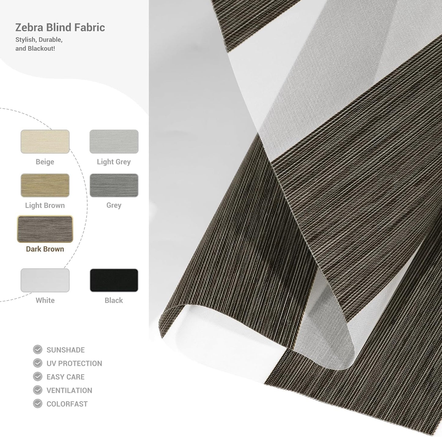 Cordless Zebra Blinds for Windows, Blackout Interior Blinds,Easy to Install,UV Protection,for Offices and Home,Custom Roller Shades, Mousse Dark Bown,47" W x 64" H