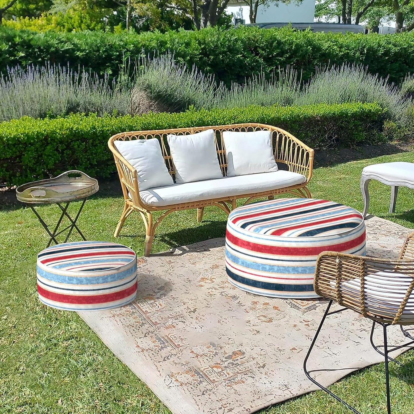 LVTXIII Inflatable Stool Ottoman Footrest with Handle, Decorative Fade-Resistant Foot Stool, Indoor or Outdoor Pouf for Home Garden and Camping Use, D21 x W 21 x H9, Stripe Red Blue