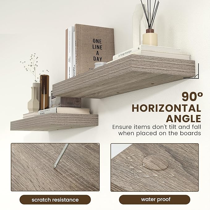 Deep Floating Shelves for Wall, 36W x 12D Rustic Large Floating Shelves Set of 2, 12'' Deep Grey Wood Floating Shelves for Living Room Bathroom Laundry Room Bedroom Kitchen Home Office - Grey