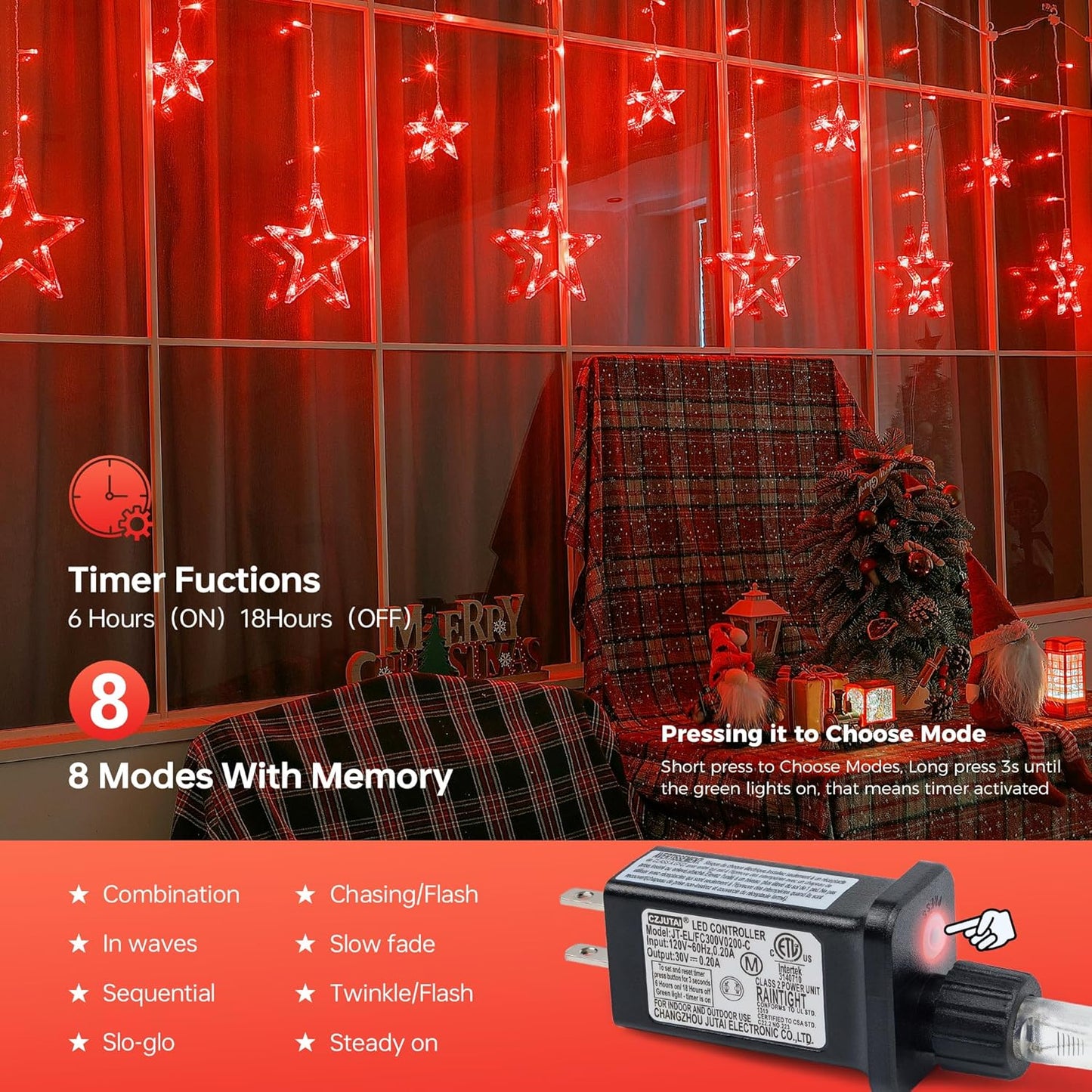 Red Christmas Star Icicle Lights,8.2FT 126LED Curtain String 8 Modes Memory Timer,Connectable Plug in Waterproof for Halloween/Valentine's Day/Patio/Wedding/Party/Xmas Indoor Outdoor Decor,Red