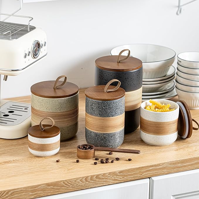 Small Ceramic Jar with Lid, Coffee Container Kitchen Food Storage Jars for Spice Sugar Tea Bag Matcha Container Airtight, Stacairtightkable Decorative Jars for Countertop, Black & 5oz