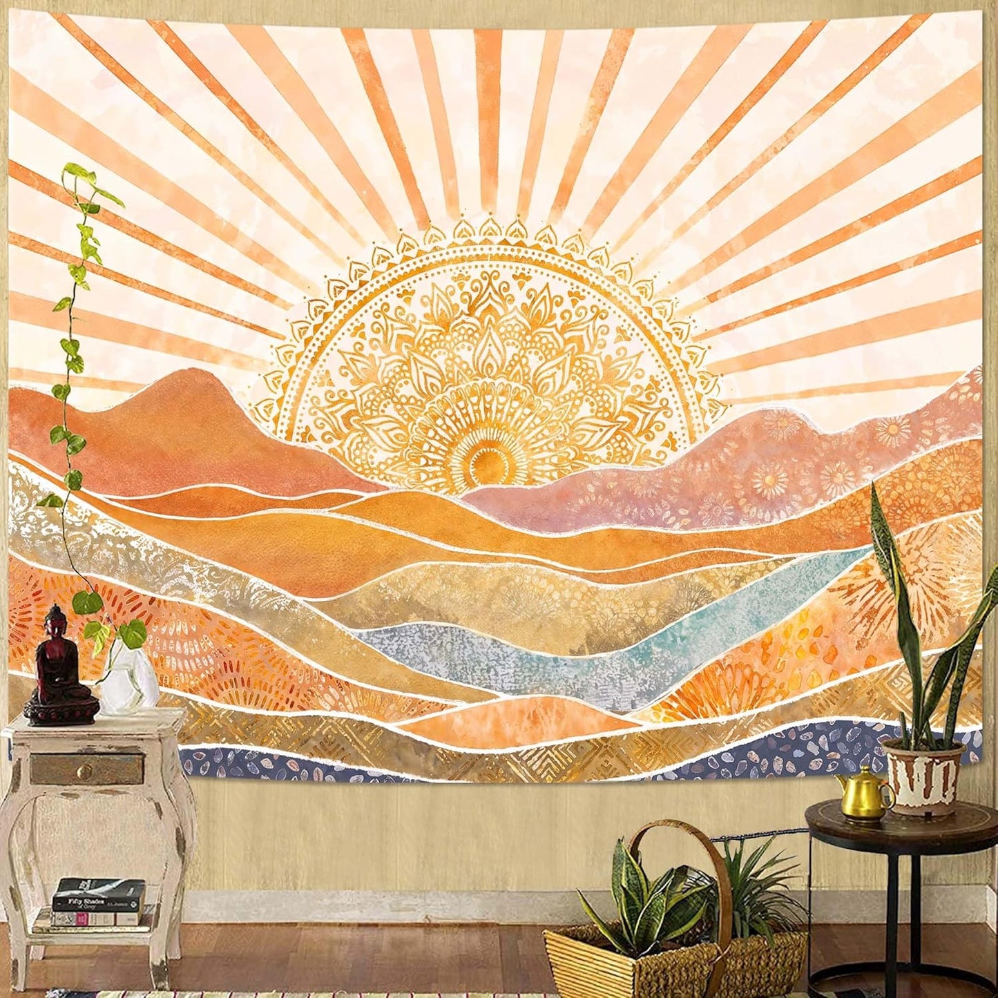 Lunerfex Bohemian Mandala Sunrise Wall Tapestry, Abstract Mountain Scenery Tapestries for Home Decor, Boho Tapestry 60x44 Inch
