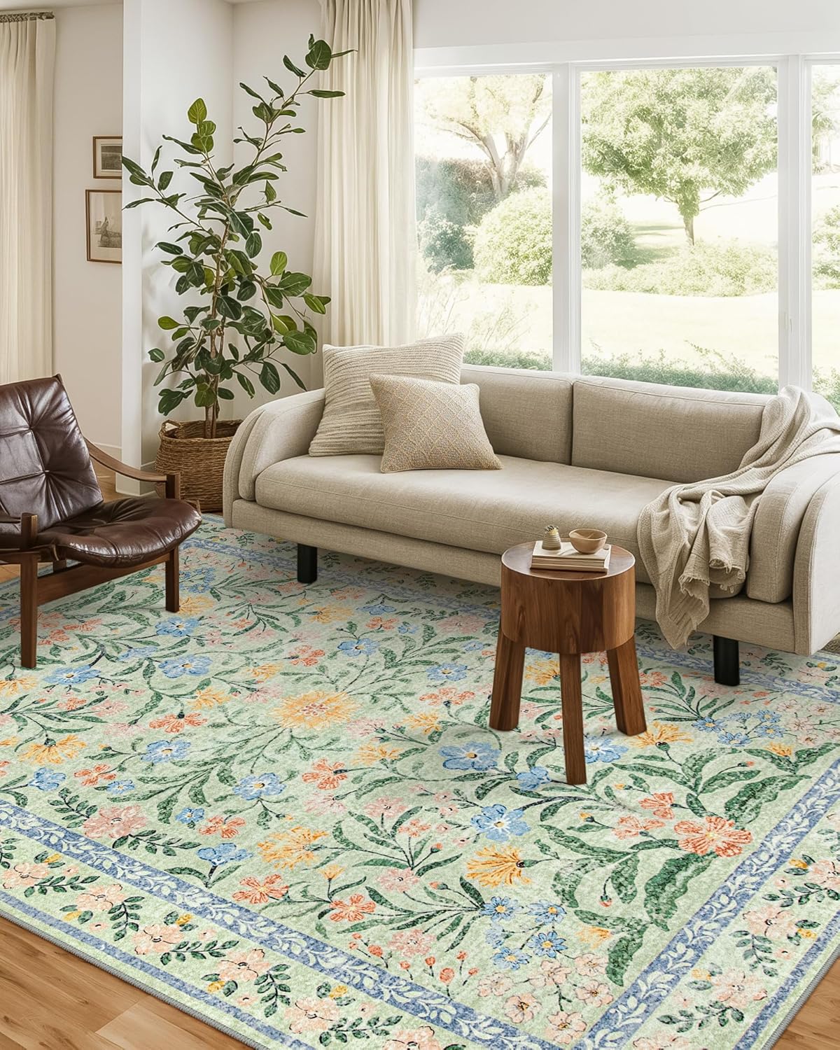 Wonnitar Machine Washable 5x7 Area Rug, Boho Floral Rugs for Living Room Non-Slip, Soft Pink and Green Flower Ultra-Thin Non Shedding Carpet for Bedroom Dining Room Nursery