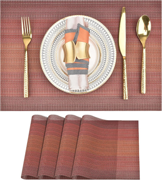 Placemats Set of 4 - Easy Clean Washable Vinyl Placemats - Wipeable Heat Resistant Table Mats for Dining Table - 17.7x11.8 Inch (4, Red Gradient)
