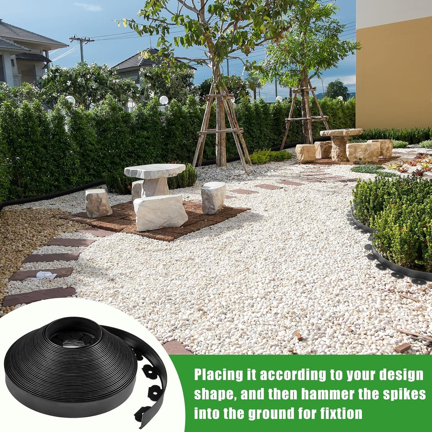 Sasylvia 1.7'' x 200' Landscape Edging Kit Edging Border Coil Include Anchoring Spikes 10 Connectors Plastic Garden Border for Lawn Garden Grass Yard Home(Black)