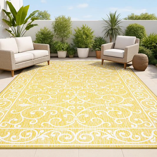 JONATHAN Y Vintage Filigree Indoor Outdoor Area Rug 4X6 Yellow/Cream, Charleston Textured Weave for Backyard, Patio, Porch, Easy-Cleaning, High Traffic, Pet-Friendly, Non-Shedding (SMB106L-4)