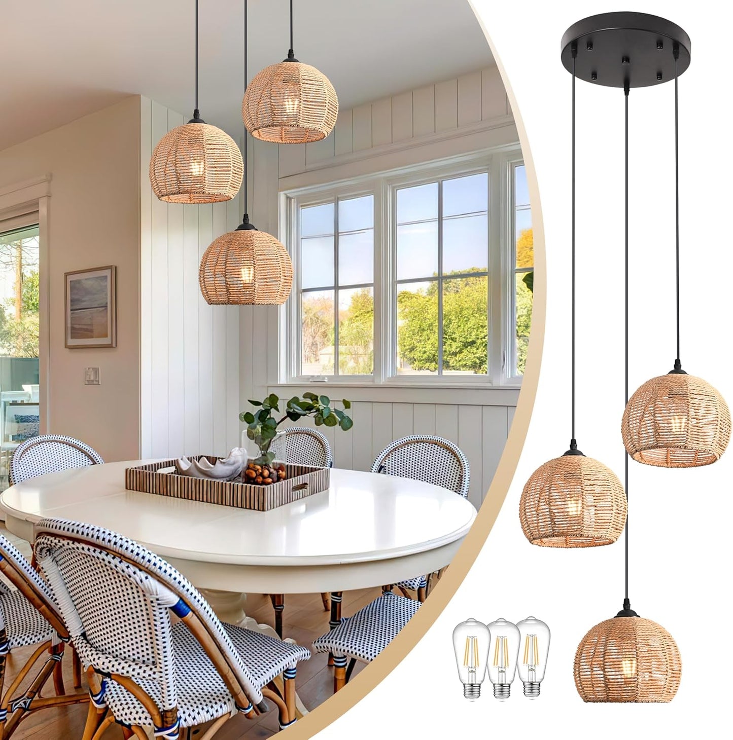 3-Light Mini Hemp Rope Woven Pendant Light Kitchen Island,3 Dome Hand Woven Boho Rattan Chandelier Farmhouse Wicker Ceiling Light,rustic Light Fixture For Living Room Hallway Dining Room(Bulb Incl.
